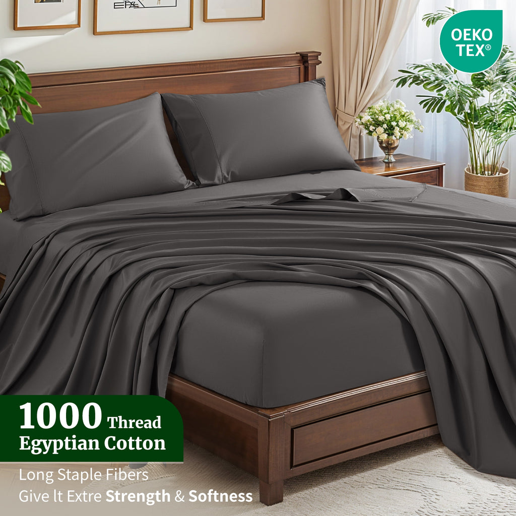SONORO KATE 100% Cotton Bed Sheets Set, 1000 Thread Count 4 Piece Luxury Soft Sheets Set with 16" Deep Pocket, Queen, Dark Gray