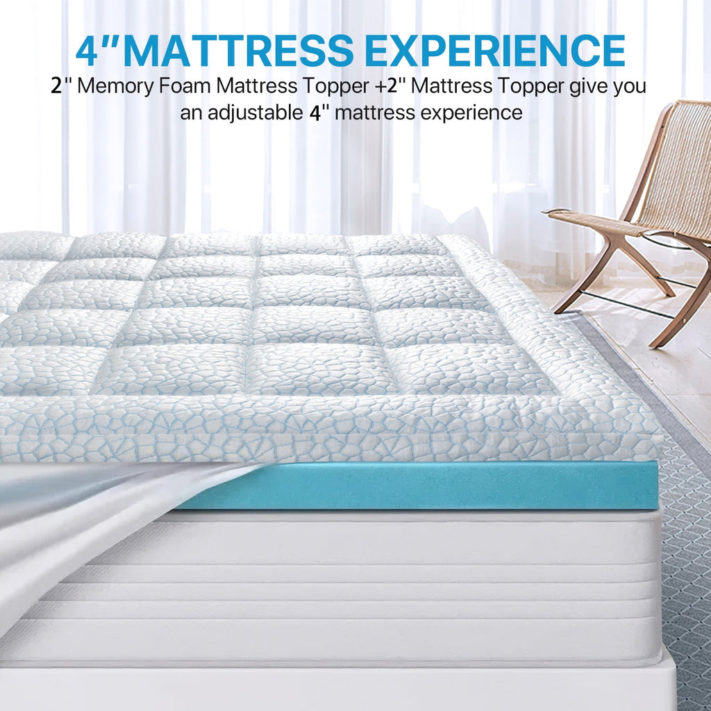 Fapo Dual Layer 4-Inch Memory Foam Mattress Topper, Including 2" Memory Foam and 6" Soft Breathable Quilted Pillow Top Mattress Pad, Queen Size