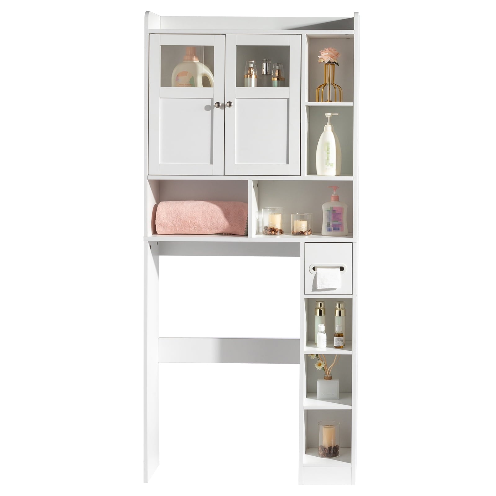 Zimtown Over the Toilet Bathroom Storage Cabinet with 2 Doors and 3 Storage Shelves& Side Storage, White