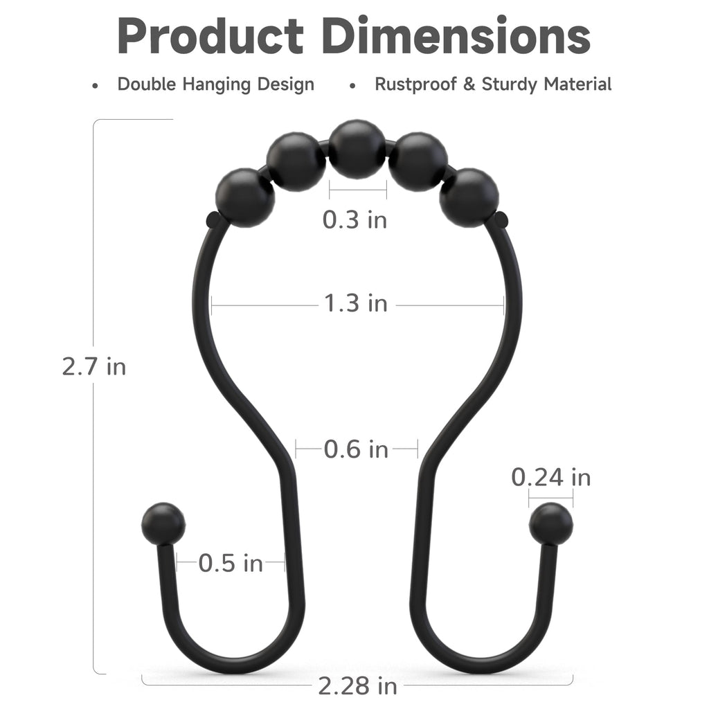 AmazerBath Shower Curtain Hooks Shower Curtain Rings Rust Proof Black Shower Curtain Hooks Balanced Smooth Glide Double Shower Curtain Hooks, Shower Hooks for Shower Curtain 12 Pcs
