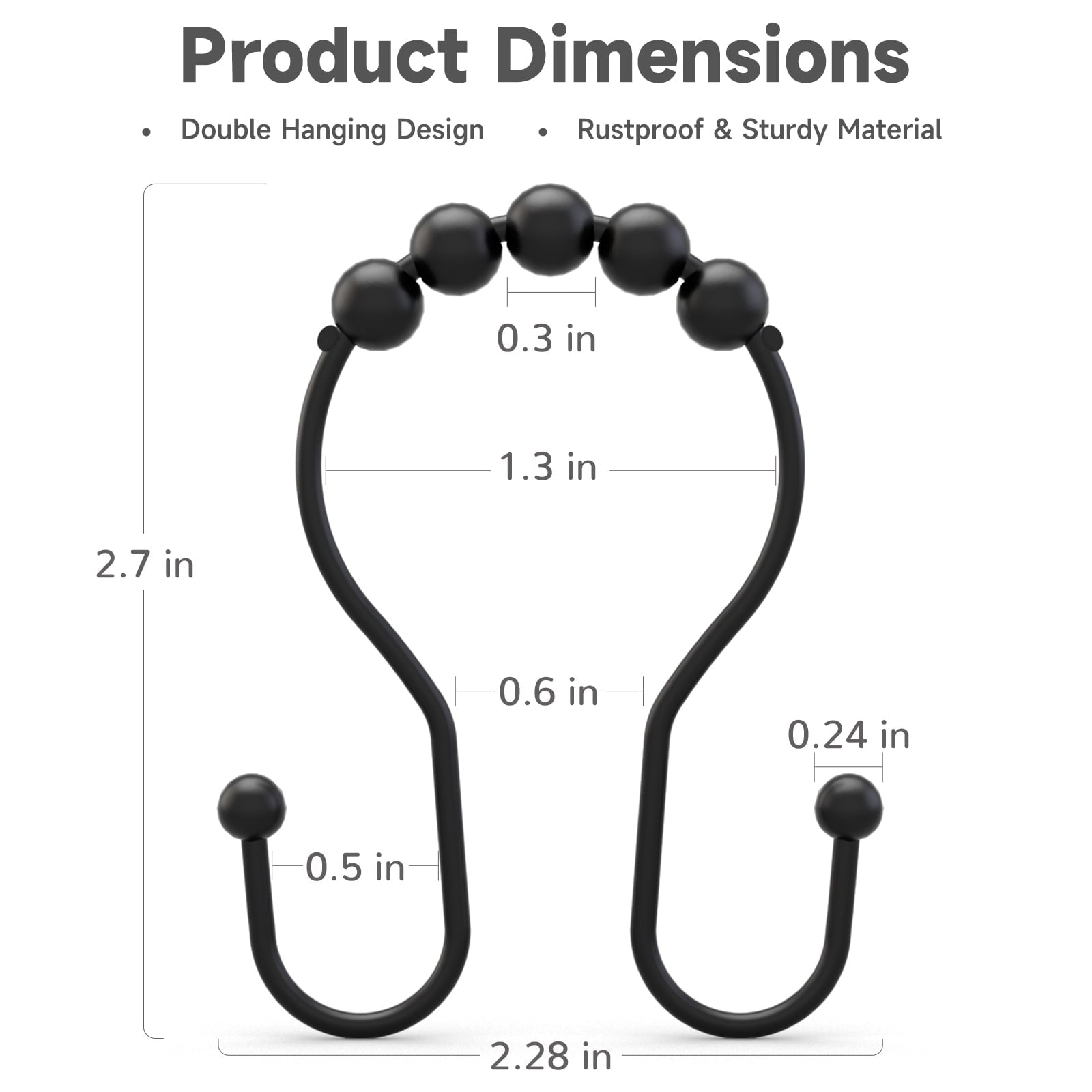 AmazerBath Shower Curtain Hooks Shower Curtain Rings Rust Proof Black Shower Curtain Hooks Balanced Smooth Glide Double Shower Curtain Hooks, Shower Hooks for Shower Curtain 12 Pcs