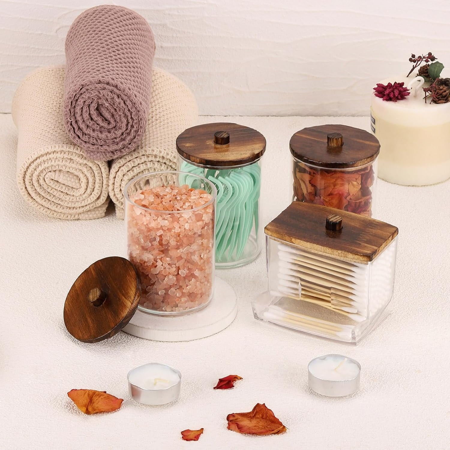 HBlife 4 Pack Qtips Holder Bathroom Container, 10/7 OZ Cotton Ball/Swabs Dispenser, Apothecary Jar Organizer for Storage Brown Wood Lids