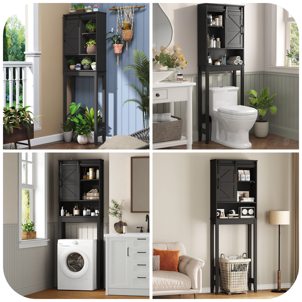 Over the Toilet Storage Cabinet, Rustic Storage Cabinet Over Toilet with Sliding Barn Door & Adjustable Shelves, Farmhouse Space Saver Organizer for Bathroom,Living Room, Black