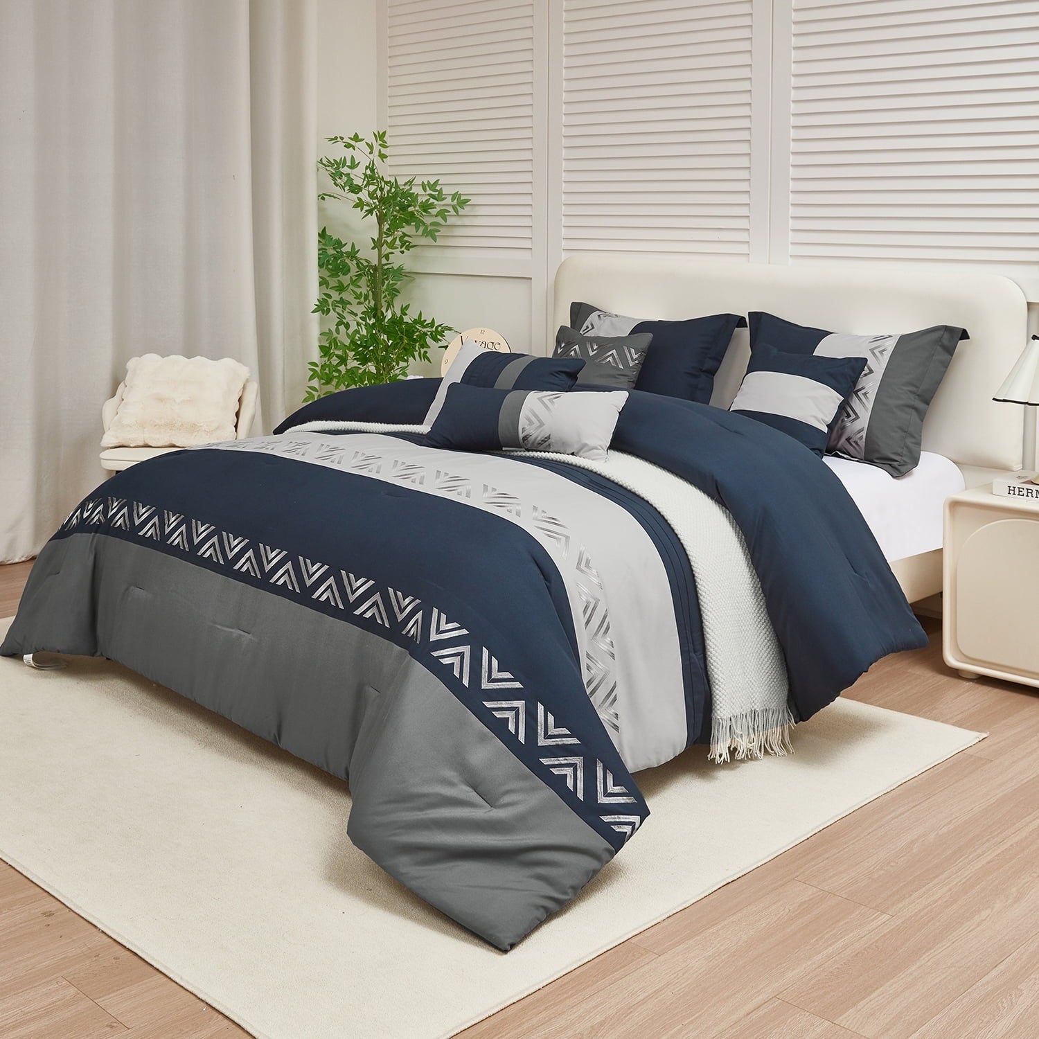 HIG 7 Piece Embroidery Design Bed-in-a-Bag, Navy Queen Size Ultra Soft Comforter Set for Adults