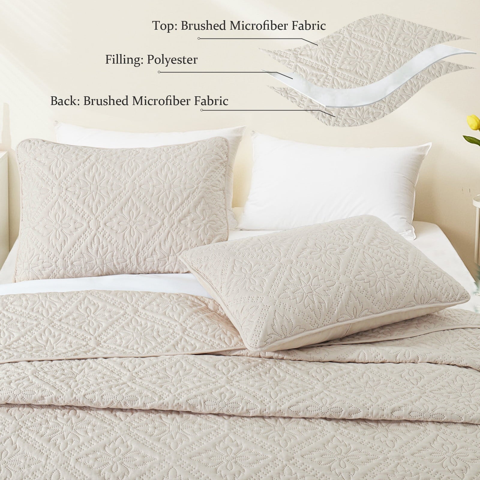 Exclusivo Mezcla King Quilt Bedding Set, Lightweight Soft Bedspreads Coverlets with 2 Pillow Shams, Modern Brich Beige Oversized Quilts King Size for All Seasons