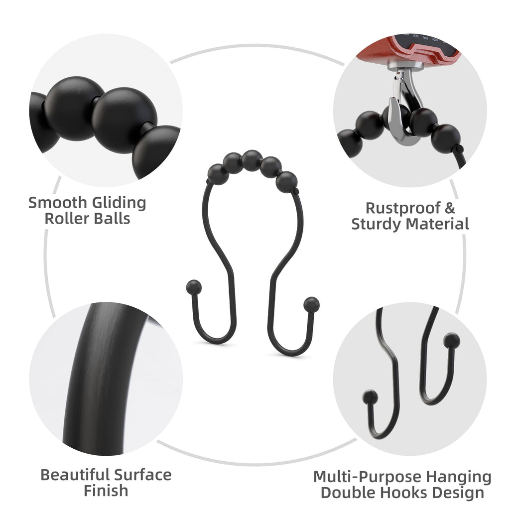 AmazerBath Shower Curtain Hooks Shower Curtain Rings Rust Proof Black Shower Curtain Hooks Balanced Smooth Glide Double Shower Curtain Hooks, Shower Hooks for Shower Curtain 12 Pcs