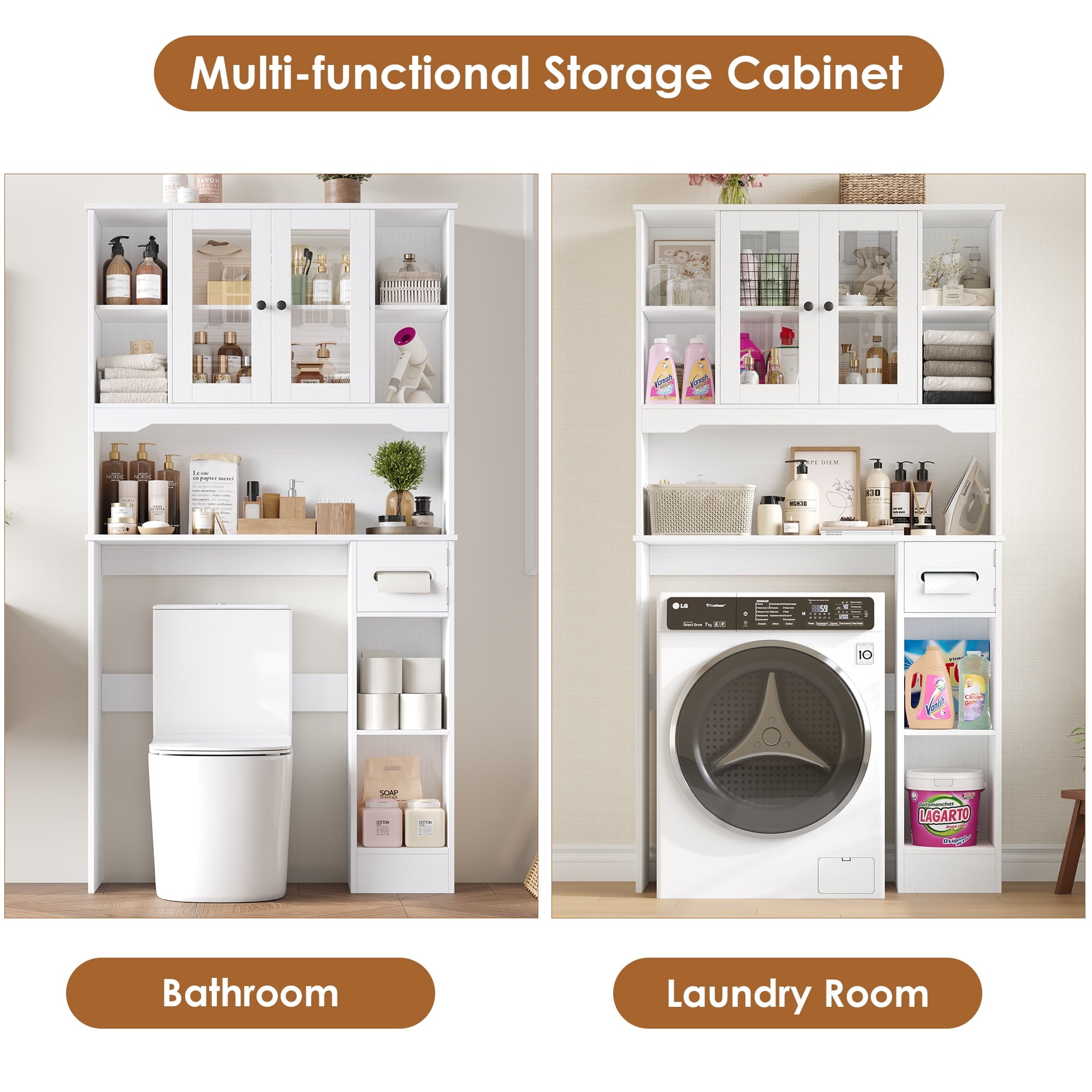 Homfa Over The Toilet Storage Cabinet with Toilet Paper Holder Stand, Above Toilet Organizer with Glass Doors, Behind Toilet Shelf for Restroom, Bathroom, Laundry, White