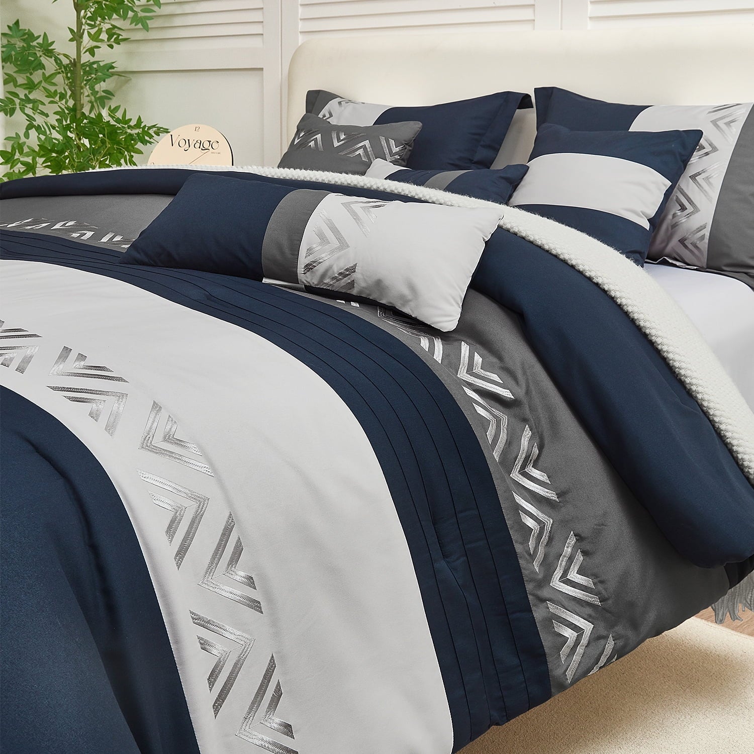 HIG 7 Piece Embroidery Design Bed-in-a-Bag, Navy Queen Size Ultra Soft Comforter Set for Adults