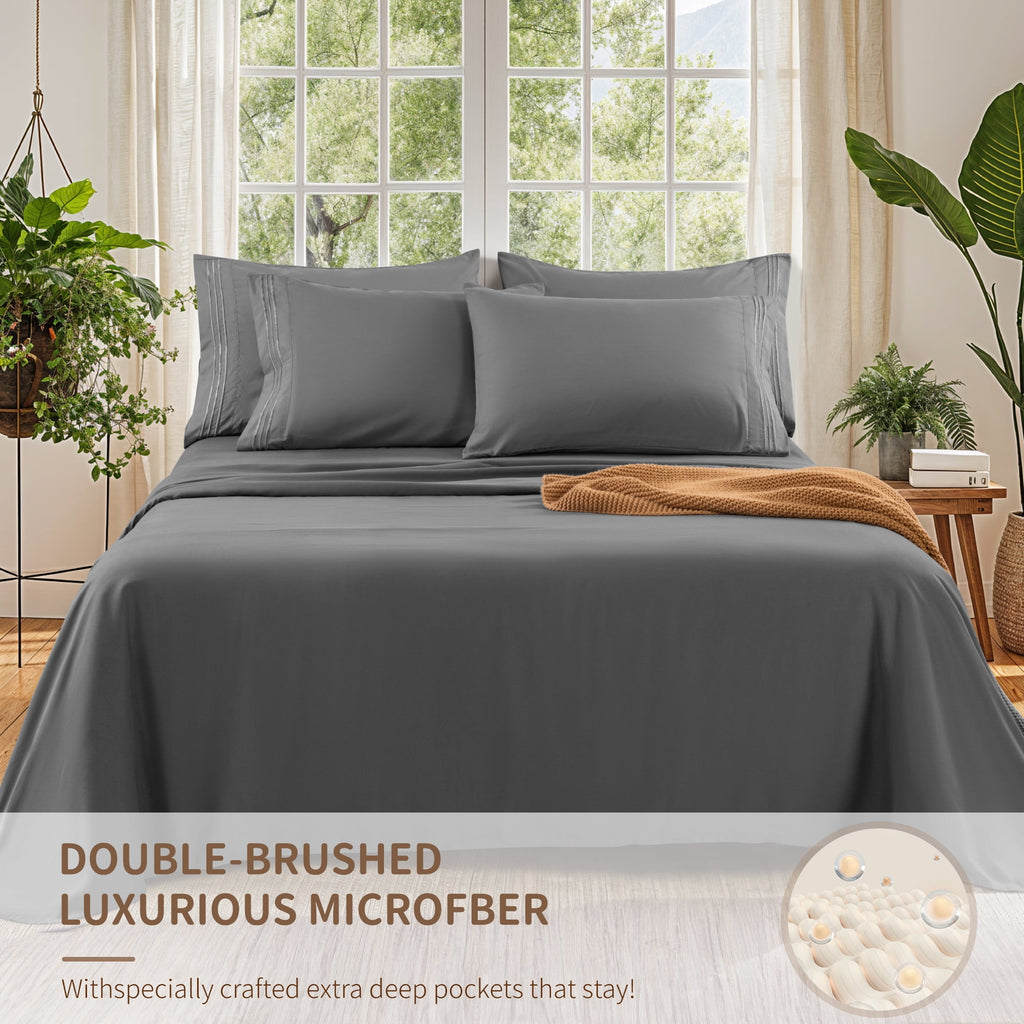 SONORO KATE 6 Pieces Bed Sheet Set, 1800 Series Soft Microfiber Queen Sheets with 16" Deep Pocket, Dark Gray