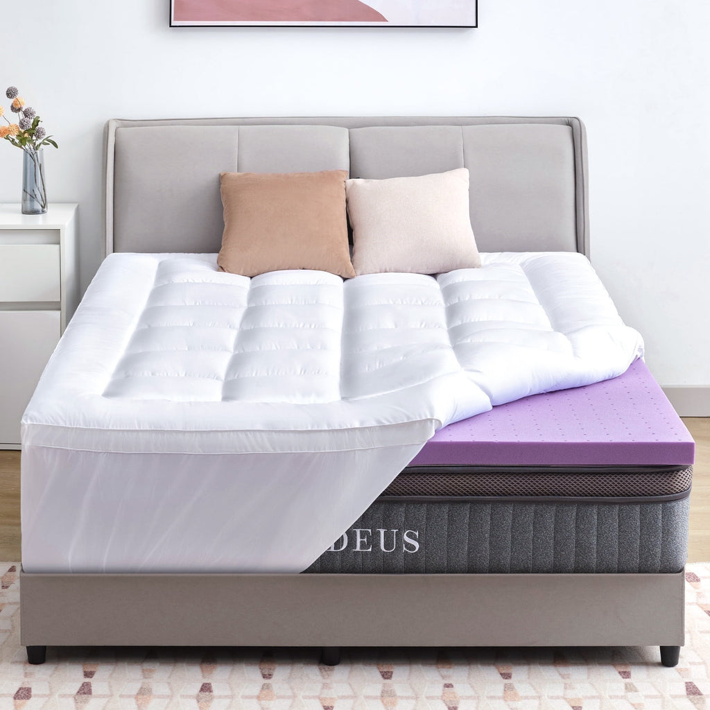 BDEUS Queen Size Dual Layer 5 inch Memory Foam Mattress Topper, 2 inch Gel Memory Foam and 3 inch 1450 GSM Down Alternative Quilted Pillow Top Mattress Pad Cover for Back Pain,Soft