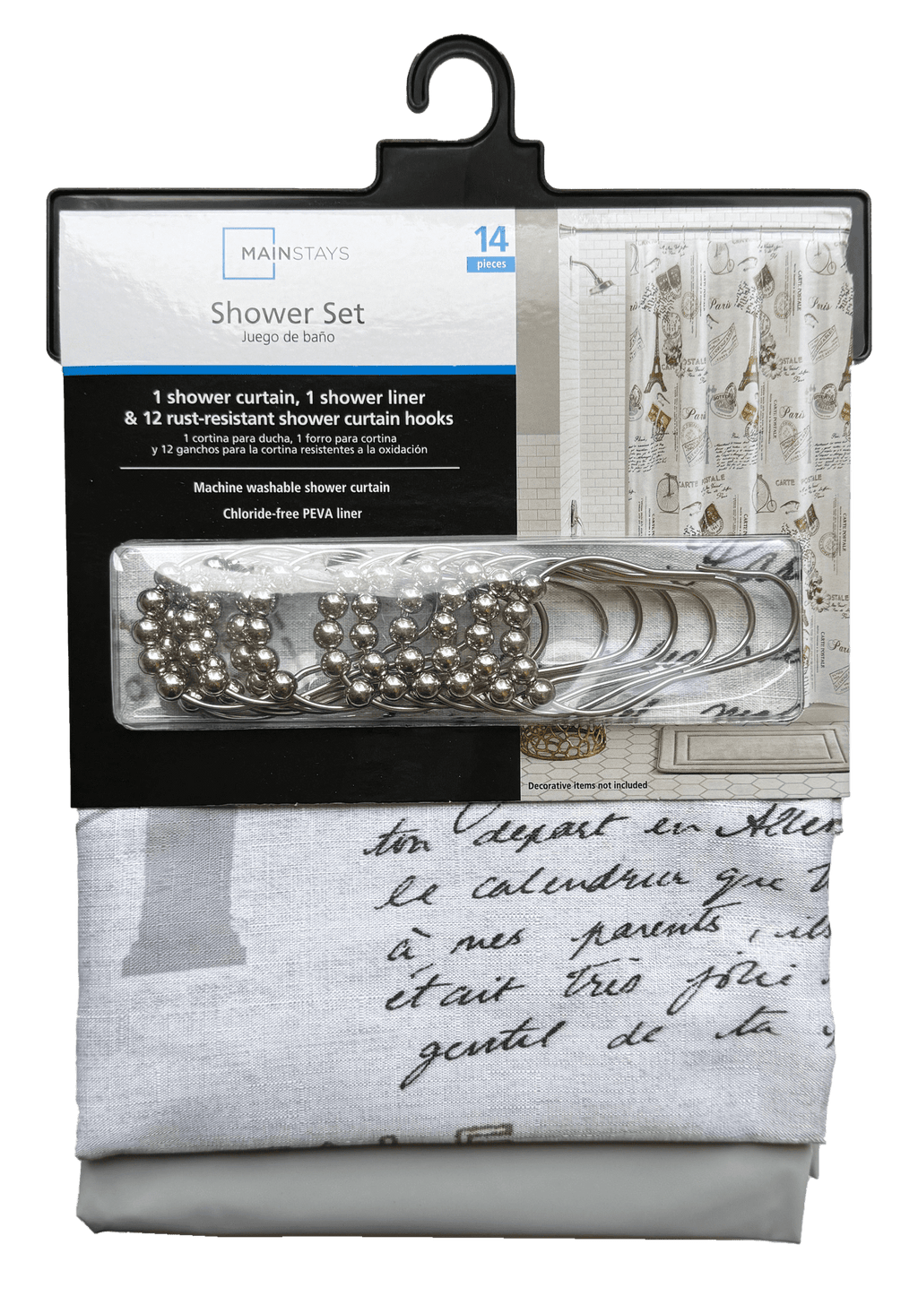 Mainstays Paris Eiffel Tower Geometric Shower Curtain Set with Hooks & Liner– 14-Piece Contemporary Gray Bathroom Decor, 70" x 72", Machine Washable