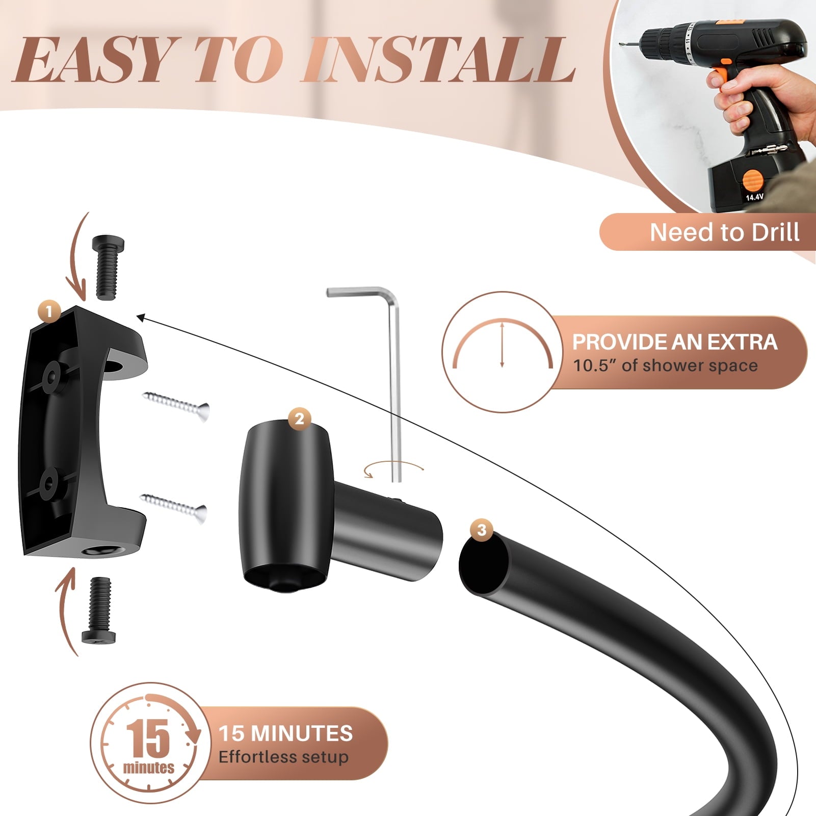 Yeabett Curved Shower Curtain Rod 43-72 Inches Adjustable, Shower Rods for Bathroom Aluminum Rustproof, Round shower curtain rod Expandable, Black