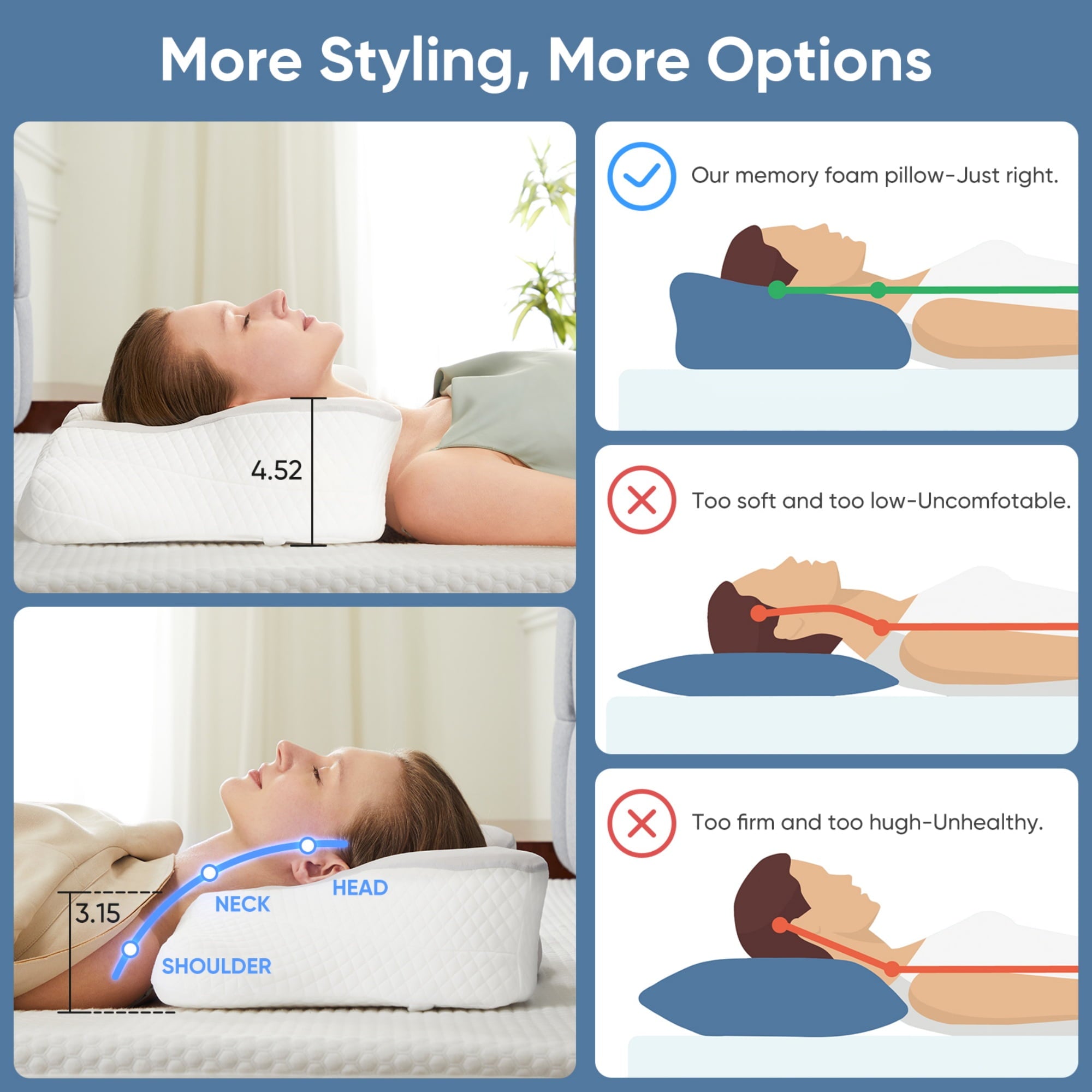 edx Queen Size Cervical Neck Pillow Effective Pain Relief Cooling Pillow for Neck Support, Ergonomic Contour Memory Foam Bed Pillow for Side Back Stomach Sleepers, Gray