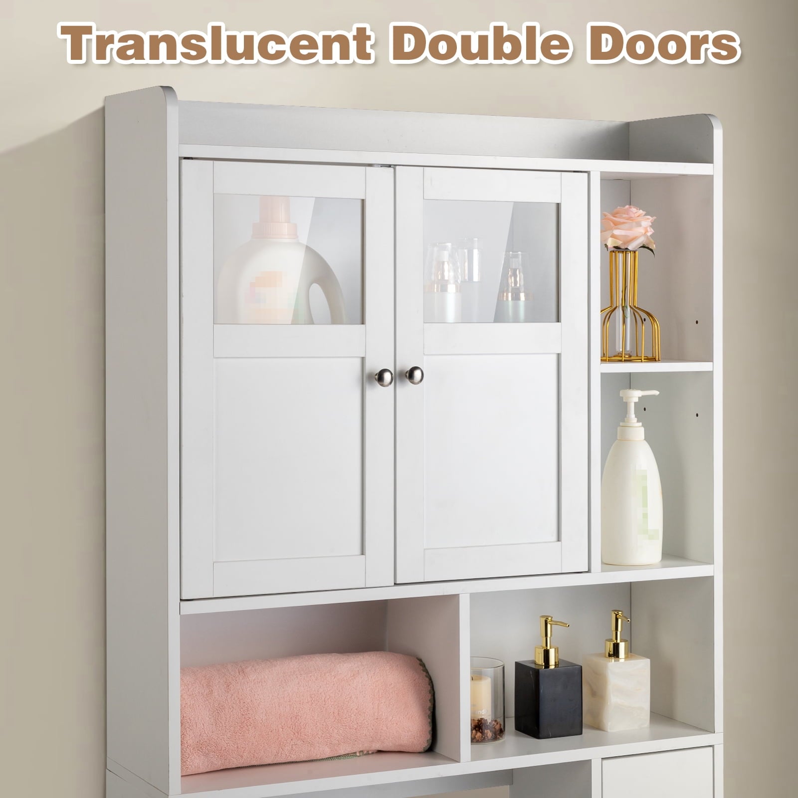 Zimtown Over the Toilet Bathroom Storage Cabinet with 2 Doors and 3 Storage Shelves& Side Storage, White