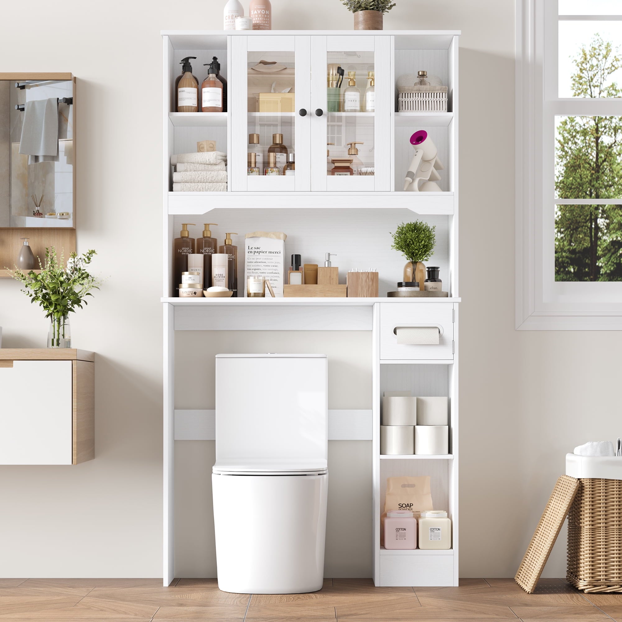 Homfa Over The Toilet Storage Cabinet with Toilet Paper Holder Stand, Above Toilet Organizer with Glass Doors, Behind Toilet Shelf for Restroom, Bathroom, Laundry, White