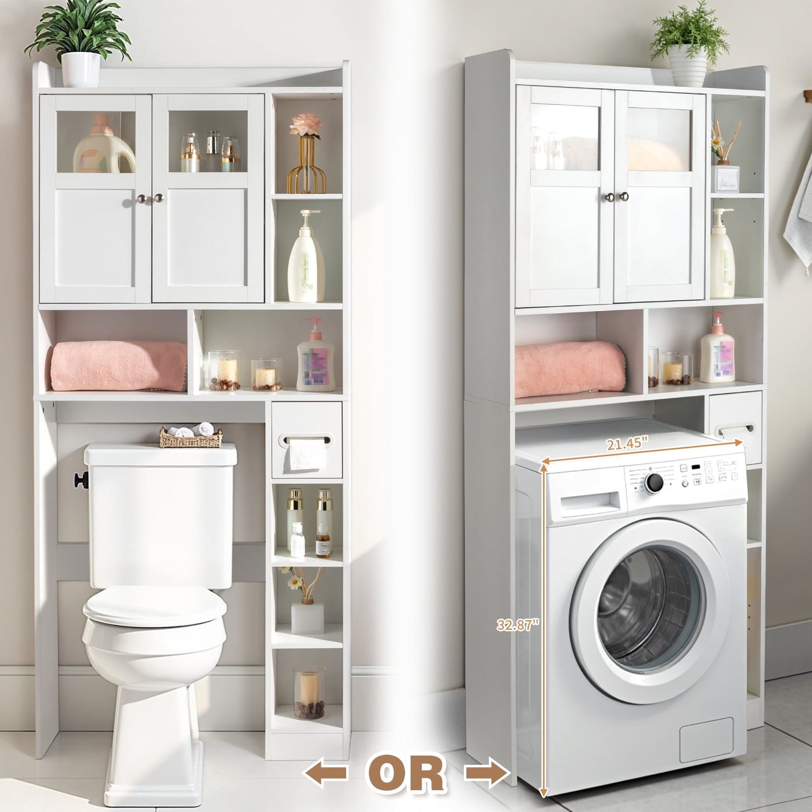 Zimtown Over the Toilet Bathroom Storage Cabinet with 2 Doors and 3 Storage Shelves& Side Storage, White