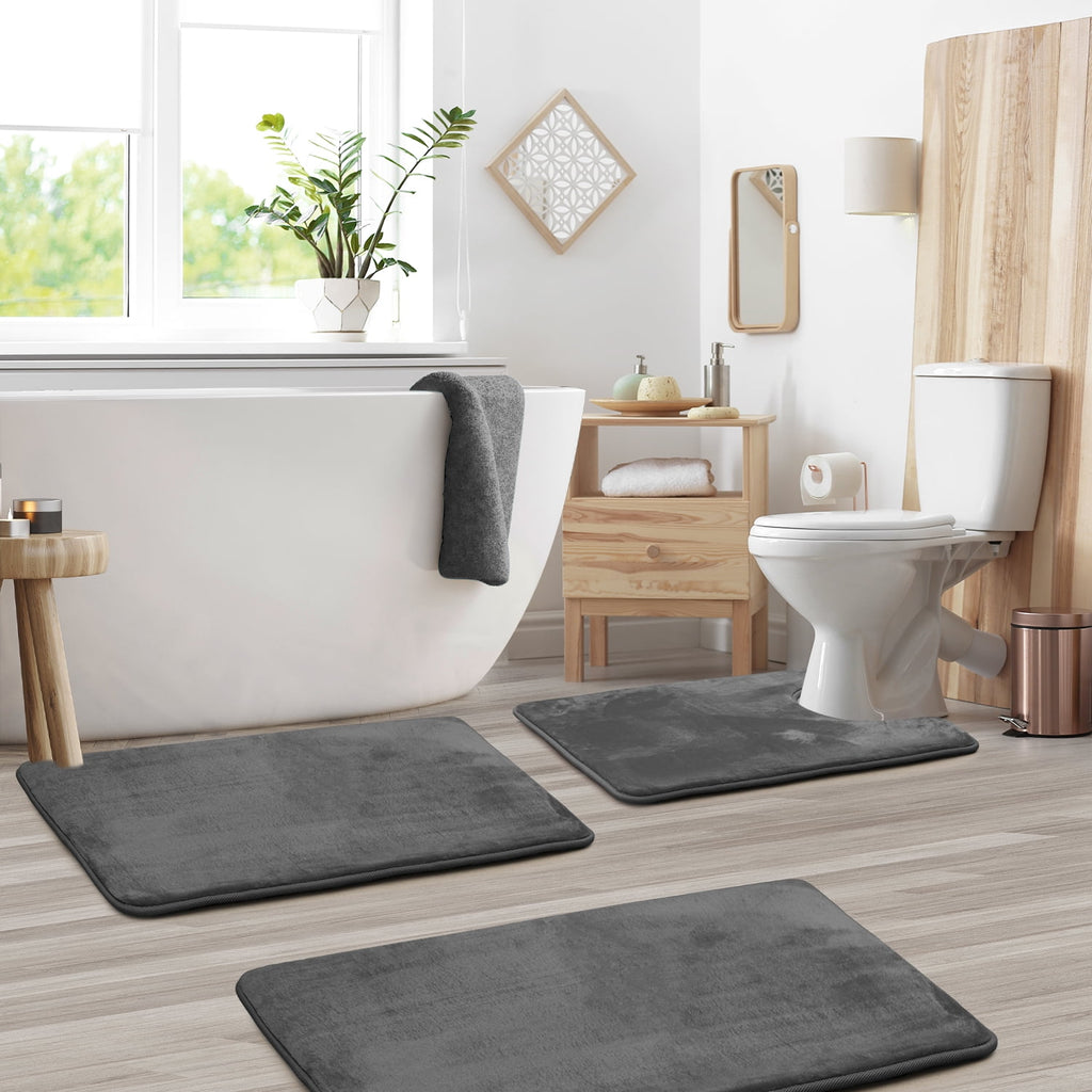 Nestl Set of 3 Absorbent Memory Foam Bath Mat Bathroom Rugs, Gray, Large 20"x32", Small 17"x24", Contour 24"x20"