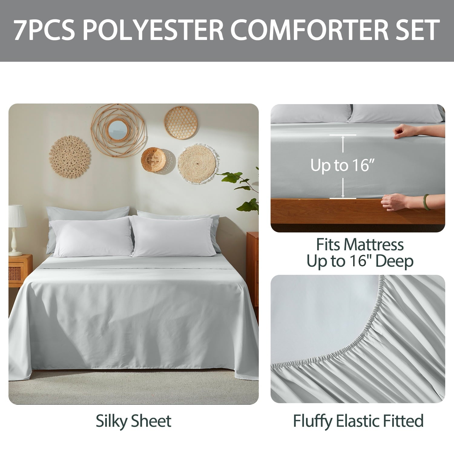 Bedtreat Queen Comforter Sets，7-Pieces Reversible Bedding Sets，Bed in a Bag with Comforter, Flat Sheet and Fitted Sheet without Pocket, Pillowcases & Shams，White/Light Gray