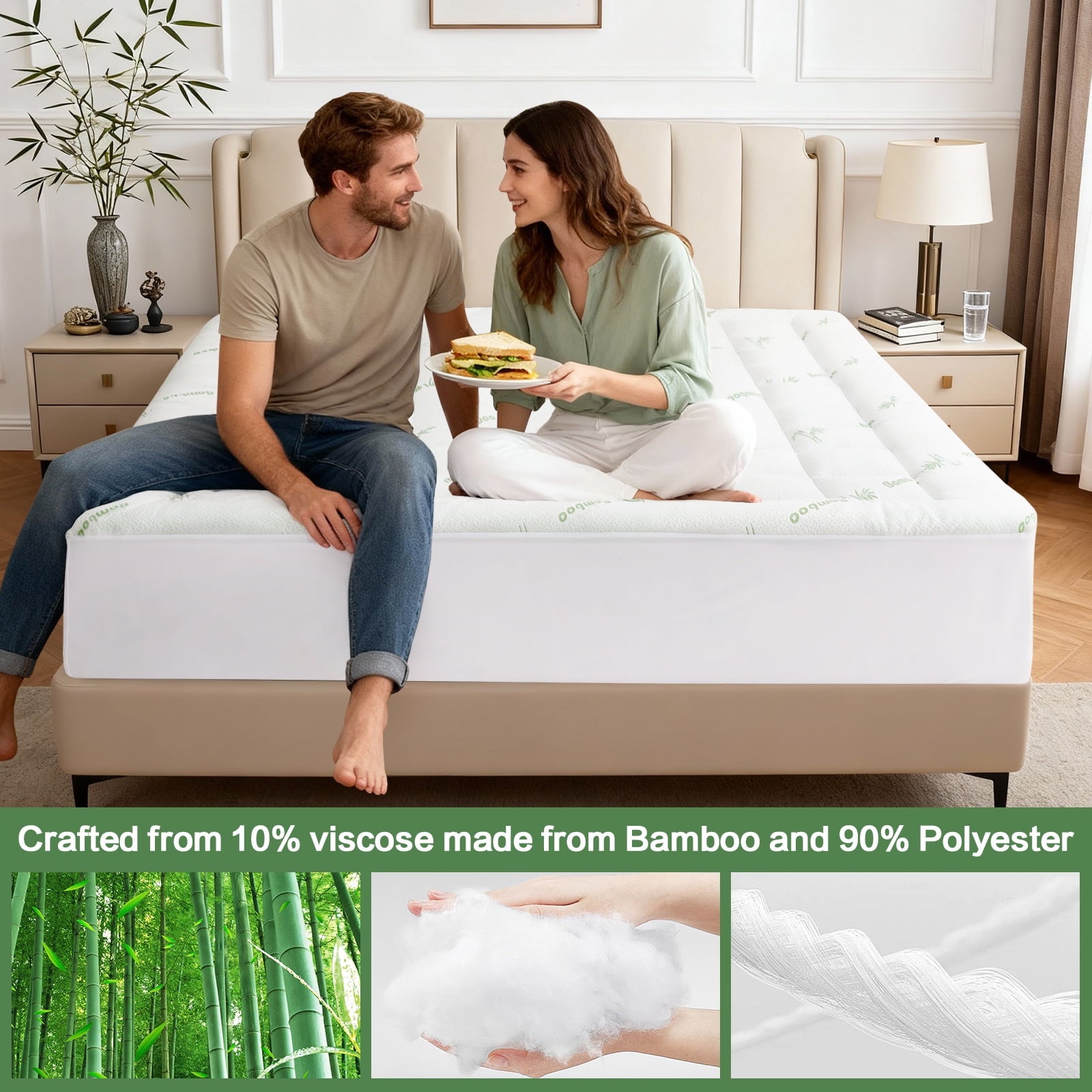 EMONIA Mattress Pad Queen Size Pillow Top Mattress Cover,Washable Mattress topper,Breathable Soft Viscose Made from Bamboo,Mattress Protector Deep Pocket Fits 8-21 Inches
