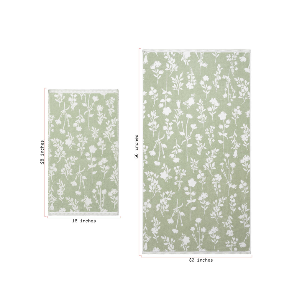 Beautiful by Drew Barrymore 4-Piece Floral Bath Towel Set, 100% Cotton, Sage Green