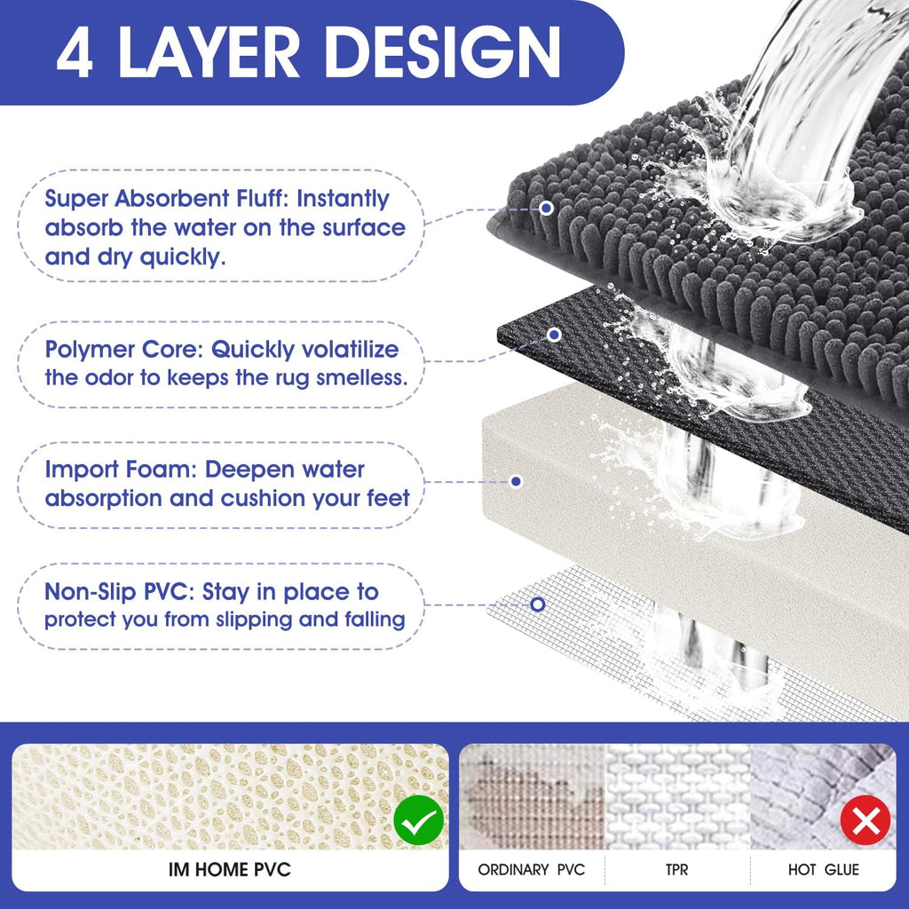 HAKUNA Striped Grey Bathroom Rug Set 3 Pieces Gray Ultra Soft, Non Slip Chenille Toilet Mat, Absorbent Plush Shaggy Bath Mats for Bathroom, Bedroom, Kitchen, Charcoal