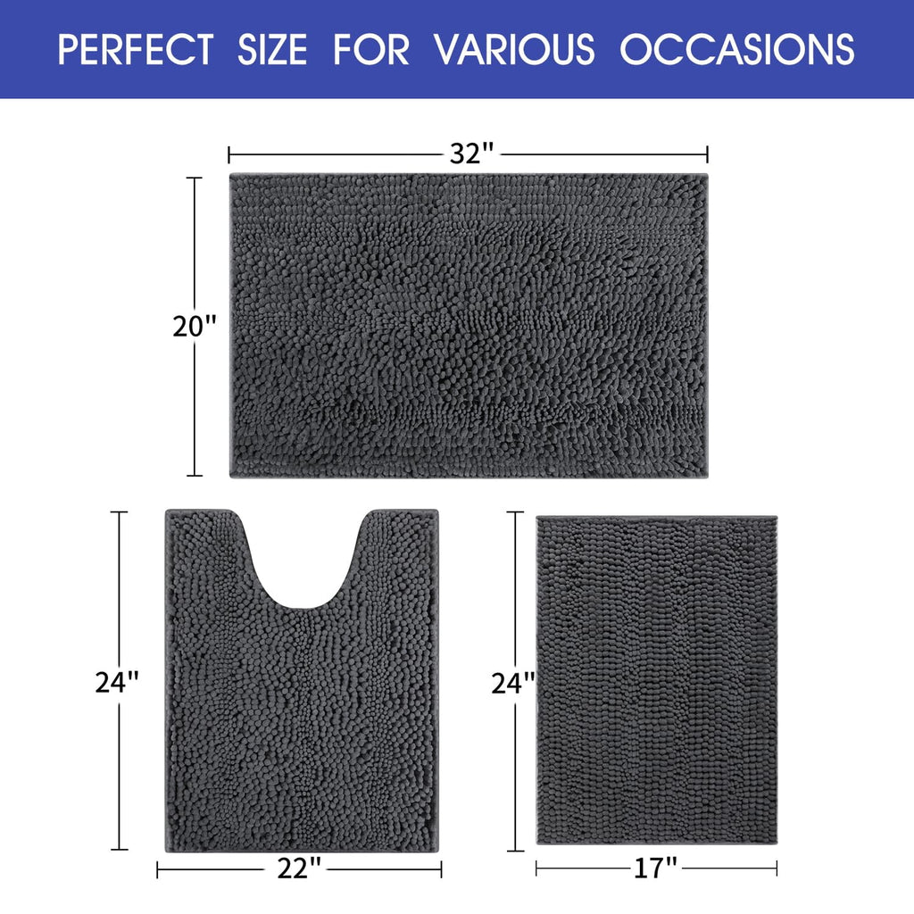 HAKUNA Striped Grey Bathroom Rug Set 3 Pieces Gray Ultra Soft, Non Slip Chenille Toilet Mat, Absorbent Plush Shaggy Bath Mats for Bathroom, Bedroom, Kitchen, Charcoal