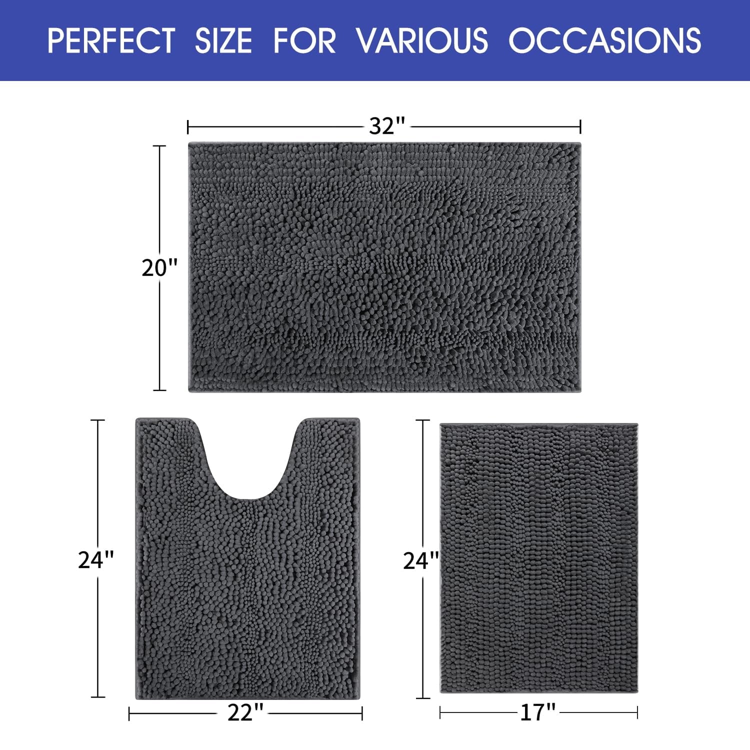 HAKUNA Striped Grey Bathroom Rug Set 3 Pieces Gray Ultra Soft, Non Slip Chenille Toilet Mat, Absorbent Plush Shaggy Bath Mats for Bathroom, Bedroom, Kitchen, Charcoal