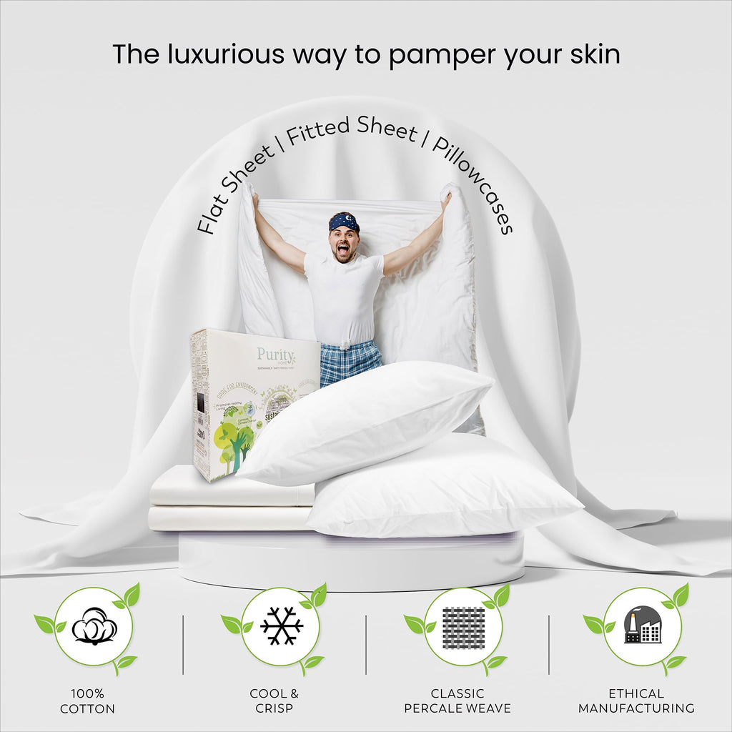 Purity Home Twin Bed Sheet Set - 100% Cotton Percale, 400 Thread Count - Cool, Crisp, Breathable & Durable 4-Piece - White