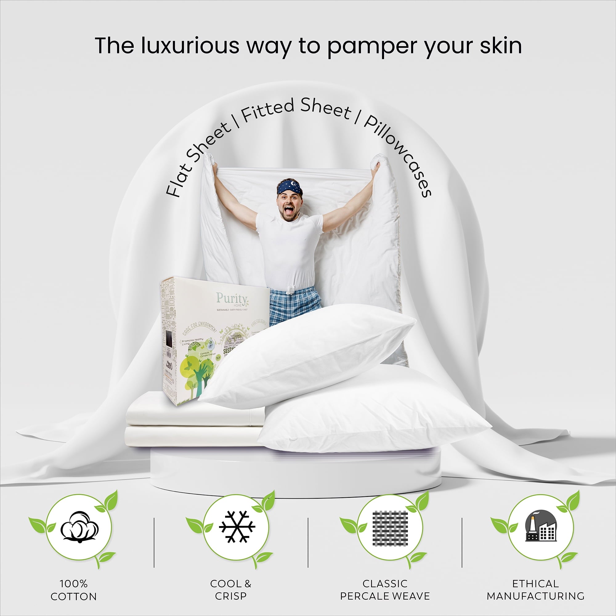 Purity Home Twin Bed Sheet Set - 100% Cotton Percale, 400 Thread Count - Cool, Crisp, Breathable & Durable 4-Piece - White