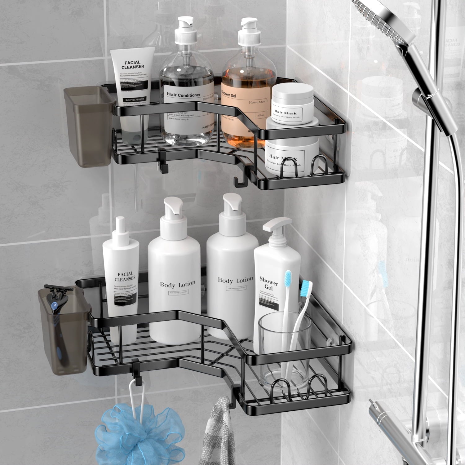 TINANA Corner Shower Caddy, 2 Pack Adhesive Shower Corner Organizer Shelves, Stainless Steel Shower Storage Rack with Hooks, Toothpaste Holder, No Drilling for Bathroom, Dorm and Kitchen-Black