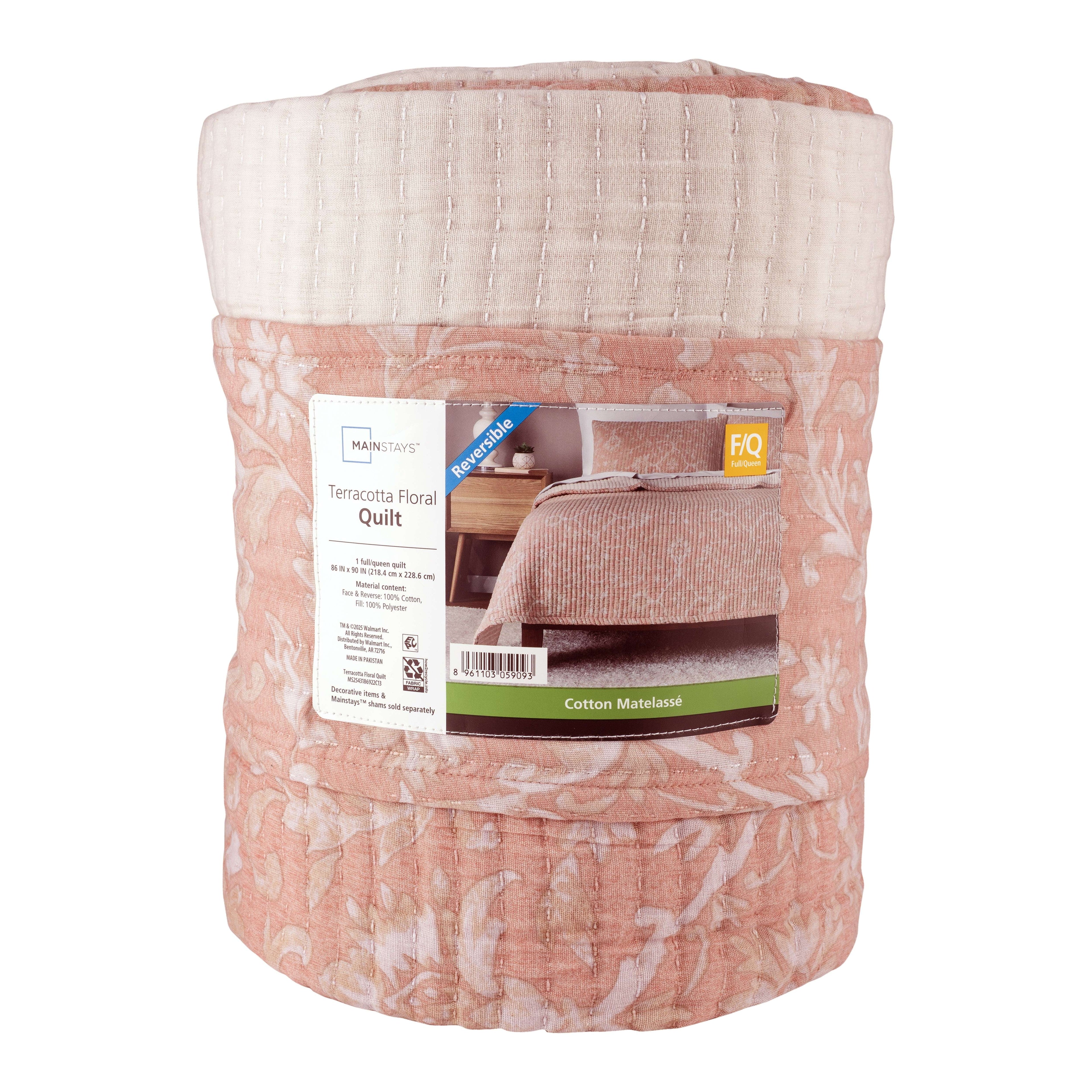 Mainstays 100% Cotton Matelassé Quilt, Full/Queen, Reversible, Terracotta Floral