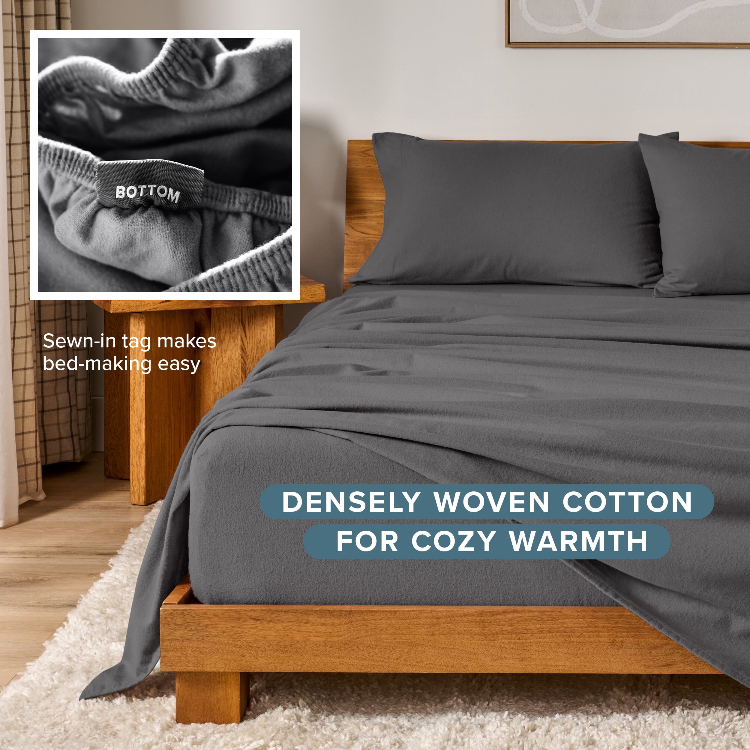 Bare Home Luxury 100% Cotton Flannel Queen Sheet Set, Deep Pocket, 4-Piece, Gray