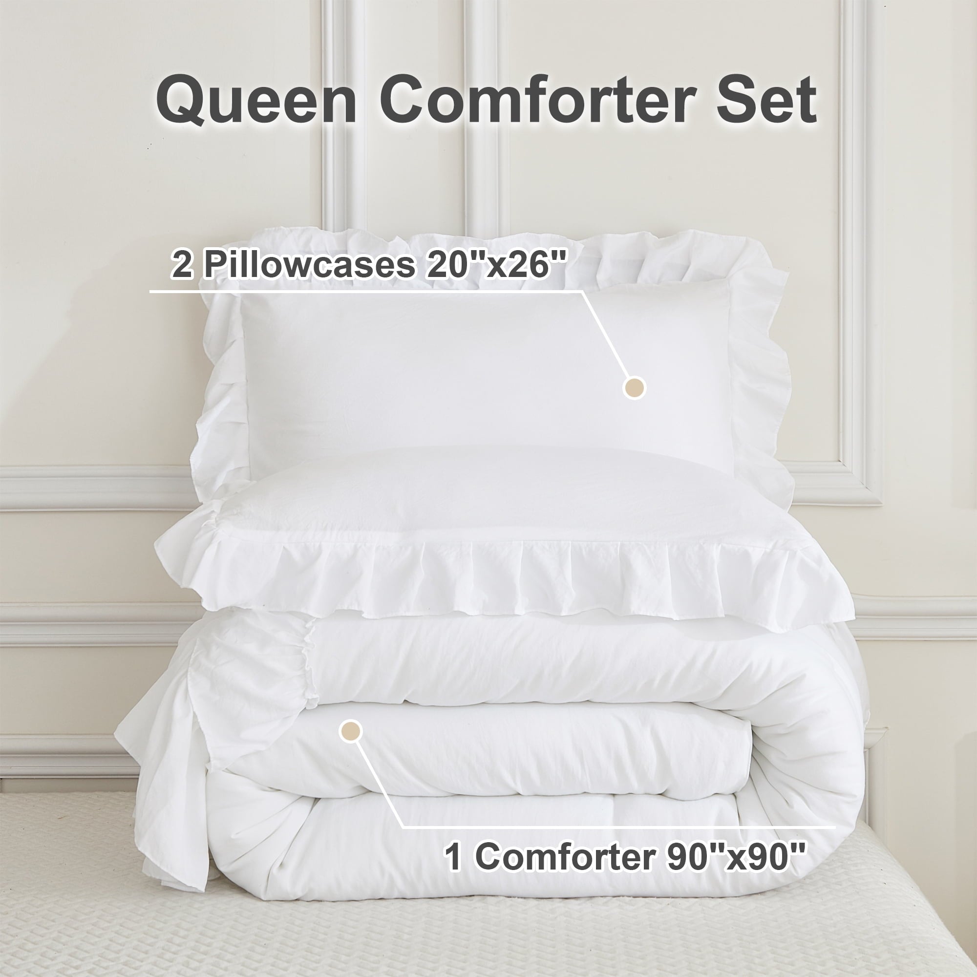 ANGENIA Queen Comforter Set White - 3 Pieces Soft Fluffy Ruffle Bedding Comforter Sets for Queen Bed, All Season Farmhouse Lightweight Microfiber Down Alternative Bed Set