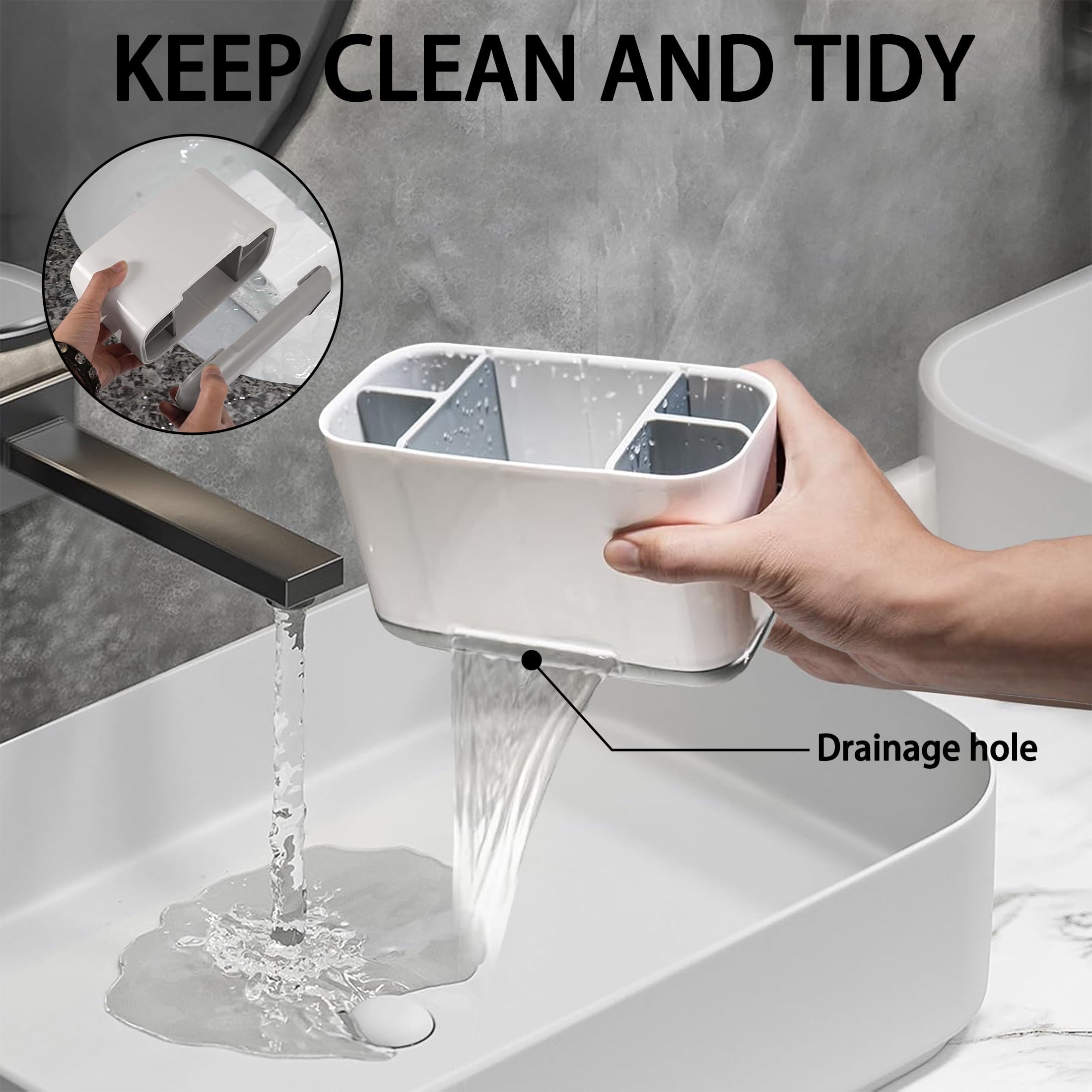 Aovky Toothbrush Holders for Bathrooms, Electric Toothbrush Toothpaste Holder with Adjustable Dividers and Drainage, 5 Slots Tooth Brush Holder Bathroom Accessories for Countertop Organizer, Gray