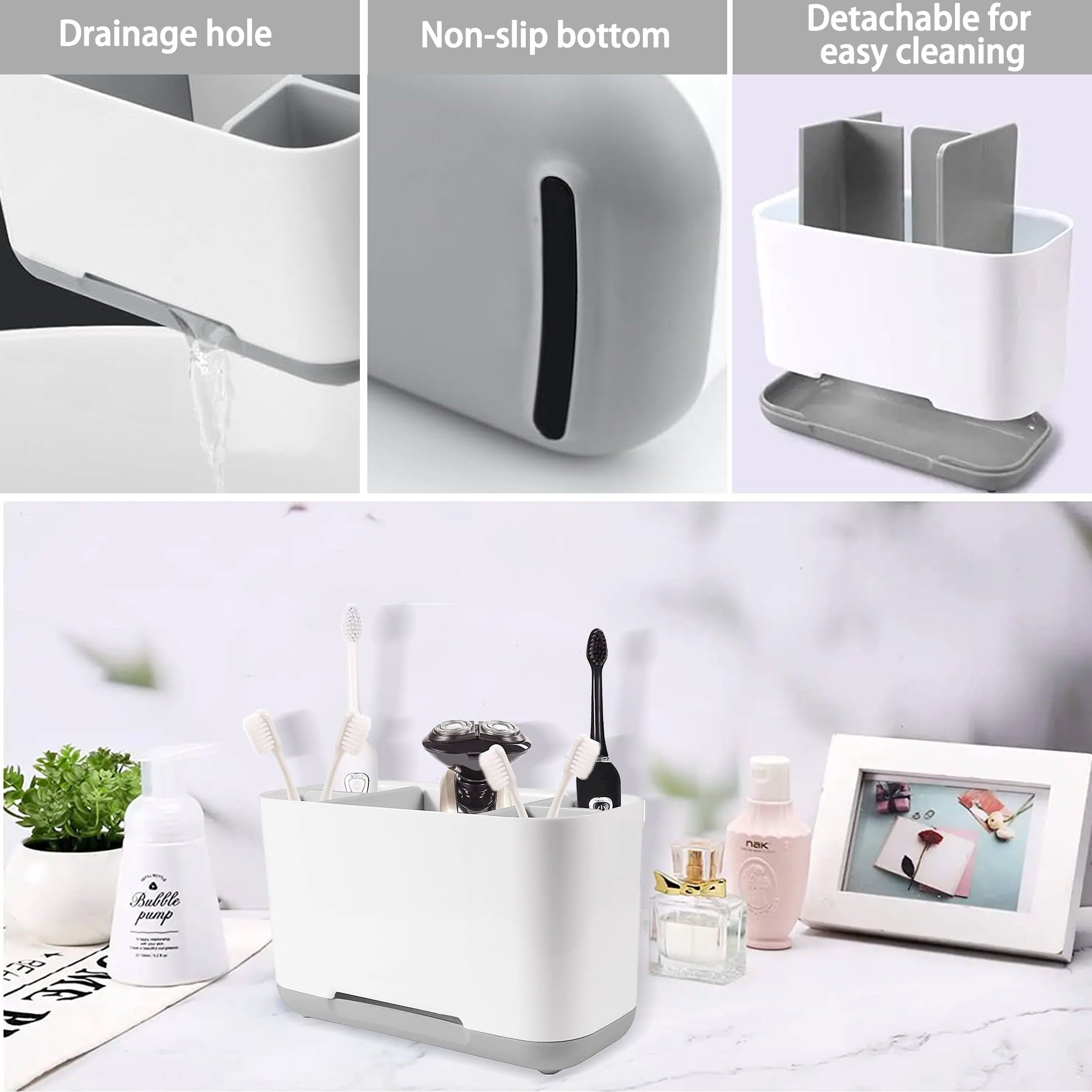 Aovky Toothbrush Holders for Bathrooms, Electric Toothbrush Toothpaste Holder with Adjustable Dividers and Drainage, 5 Slots Tooth Brush Holder Bathroom Accessories for Countertop Organizer, Gray