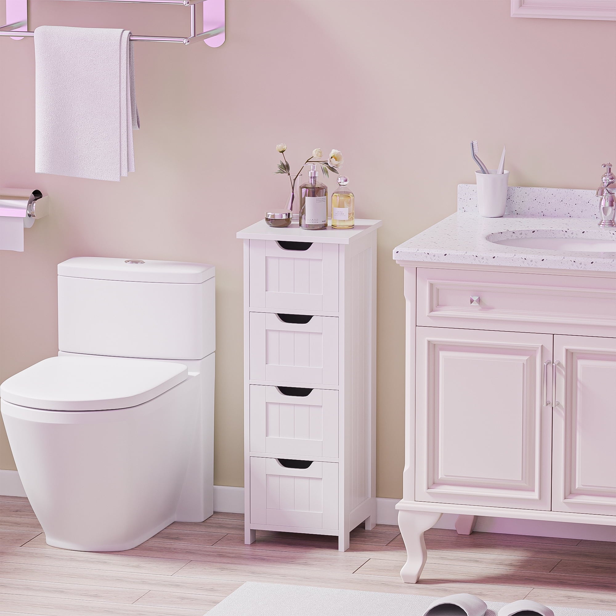 ZENY Bathroom Floor Cabinet Attractive Wooden Side Storage Organizer with 4 Drawers, White