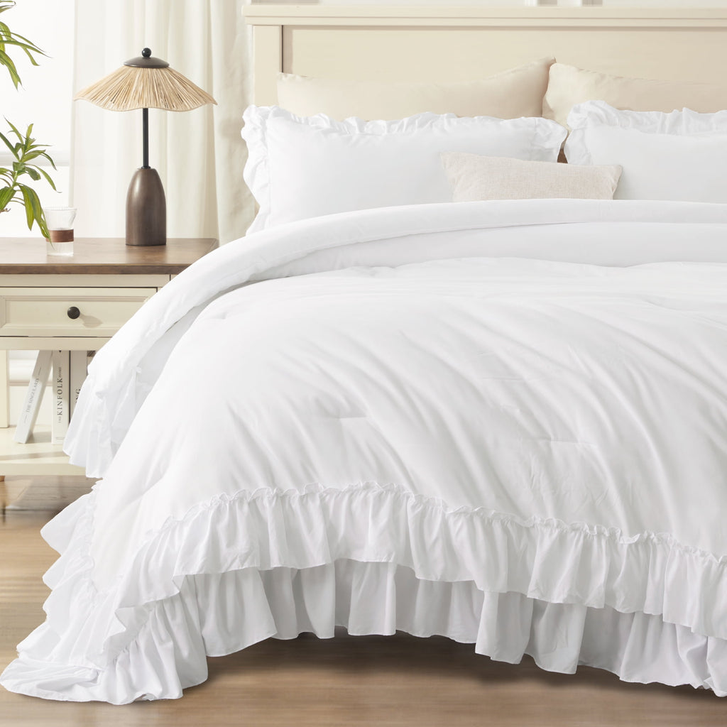 ANGENIA Queen Comforter Set White - 3 Pieces Soft Fluffy Ruffle Bedding Comforter Sets for Queen Bed, All Season Farmhouse Lightweight Microfiber Down Alternative Bed Set