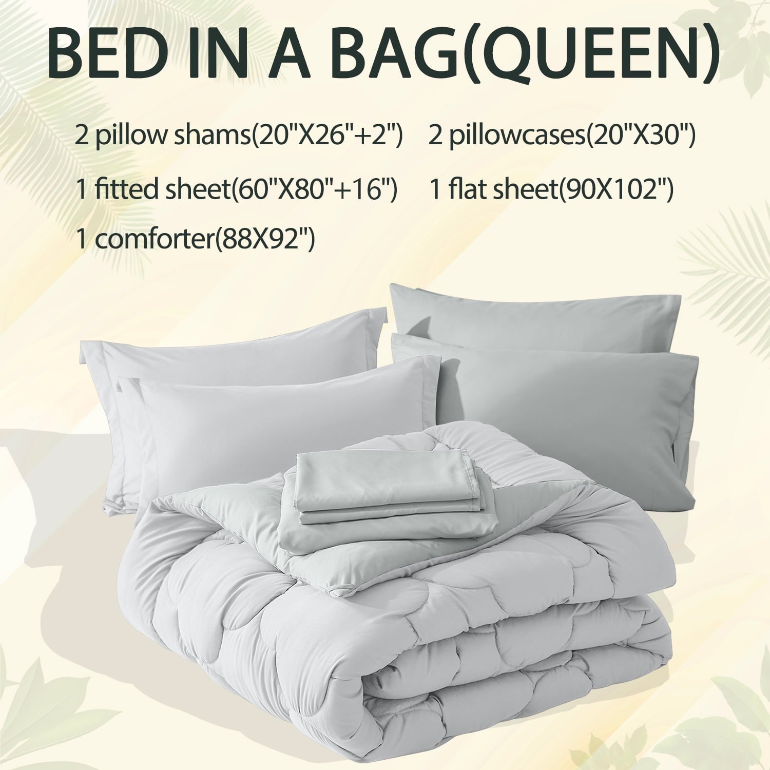 Bedtreat Queen Comforter Sets，7-Pieces Reversible Bedding Sets，Bed in a Bag with Comforter, Flat Sheet and Fitted Sheet without Pocket, Pillowcases & Shams，White/Light Gray