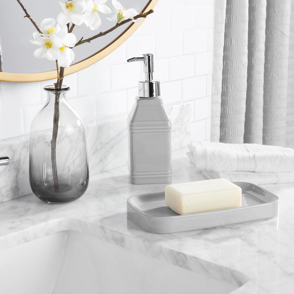 Mainstays 16-Piece Bathroom Shower Curtain Set – Soft Silver Fabric Curtain with Coordinated Bath Rug, Soap Pump & Tray