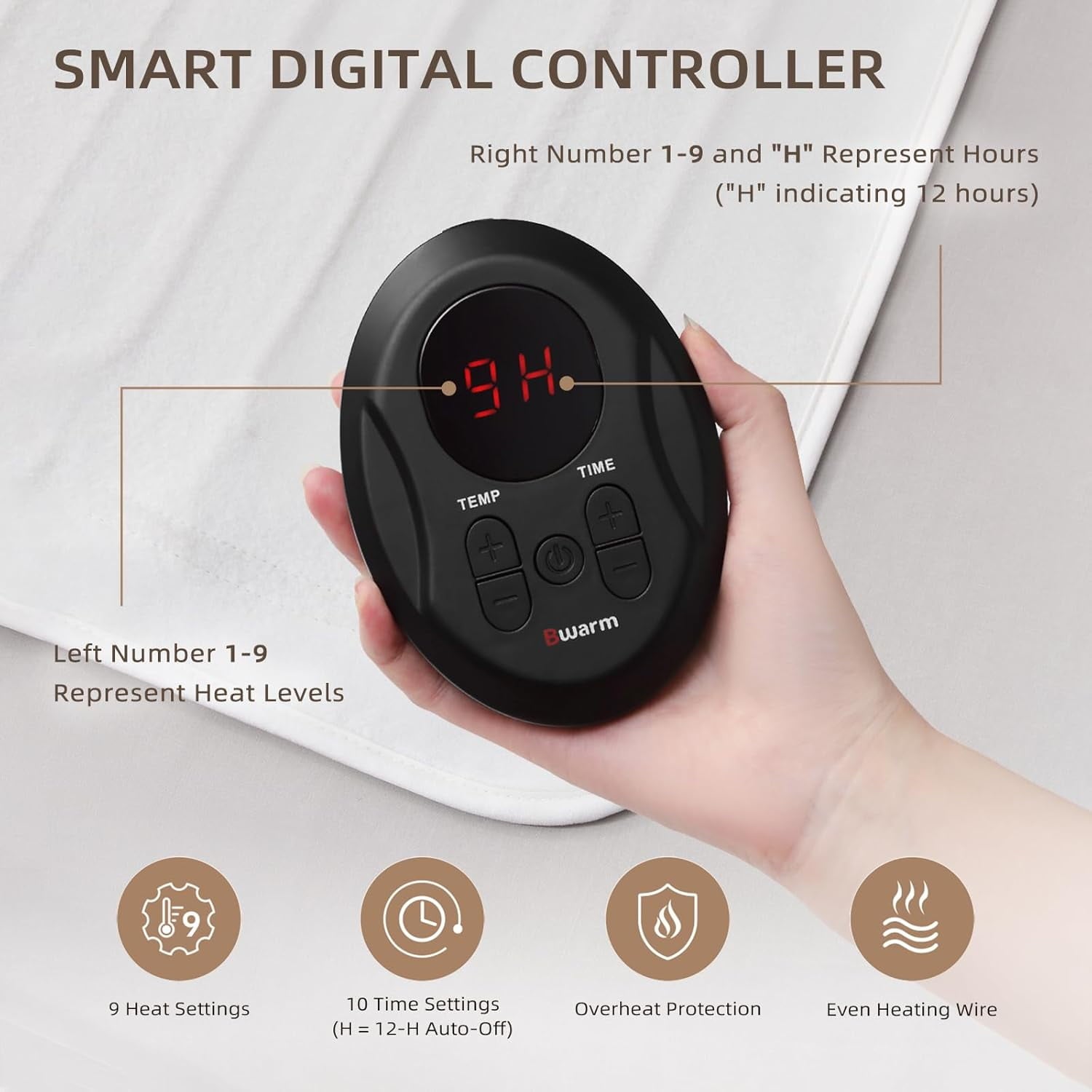 Bwarm Electric Heated Mattress Pad Mini Twin Size, 31" x 55", Bed Warmer, 9 Heat Settings, 1-12 Hours Auto Off, Deep Pocket, Fast Heating, Machine Washable, Soft and Cozy