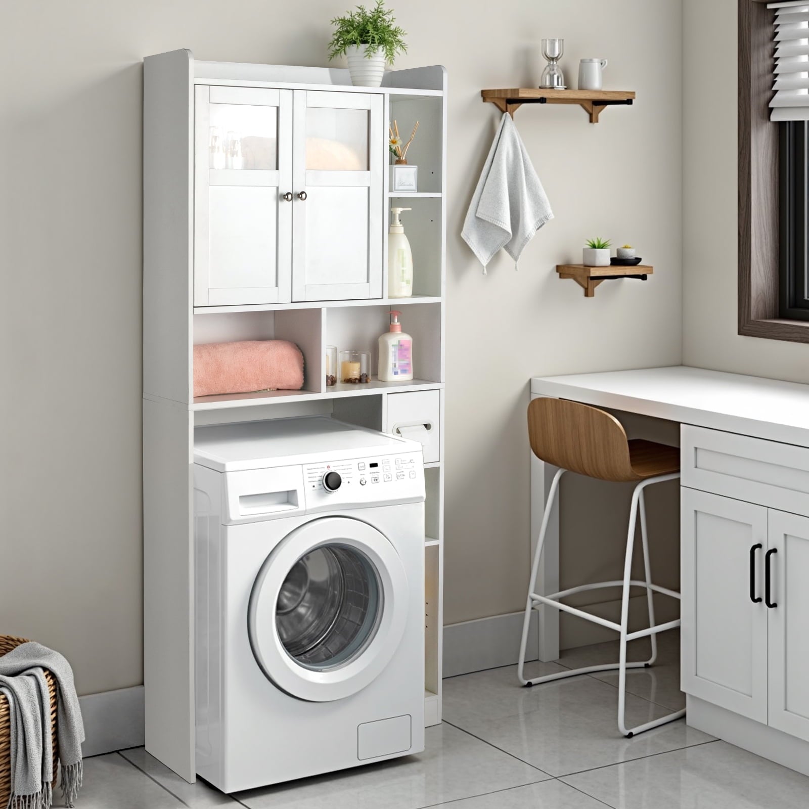 Zimtown Over the Toilet Bathroom Storage Cabinet with 2 Doors and 3 Storage Shelves& Side Storage, White