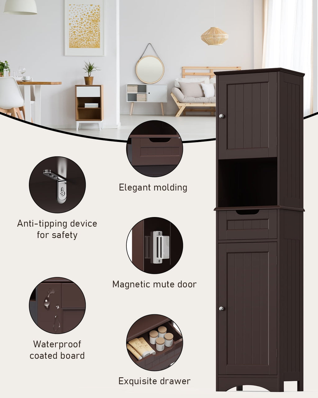 Storage Cabinet, Lofka 67”H Tall Bathroom Cabinet, Narrow Wooden Floor Cabinet with Door, Drawer, Adjustable Shelf, Brown