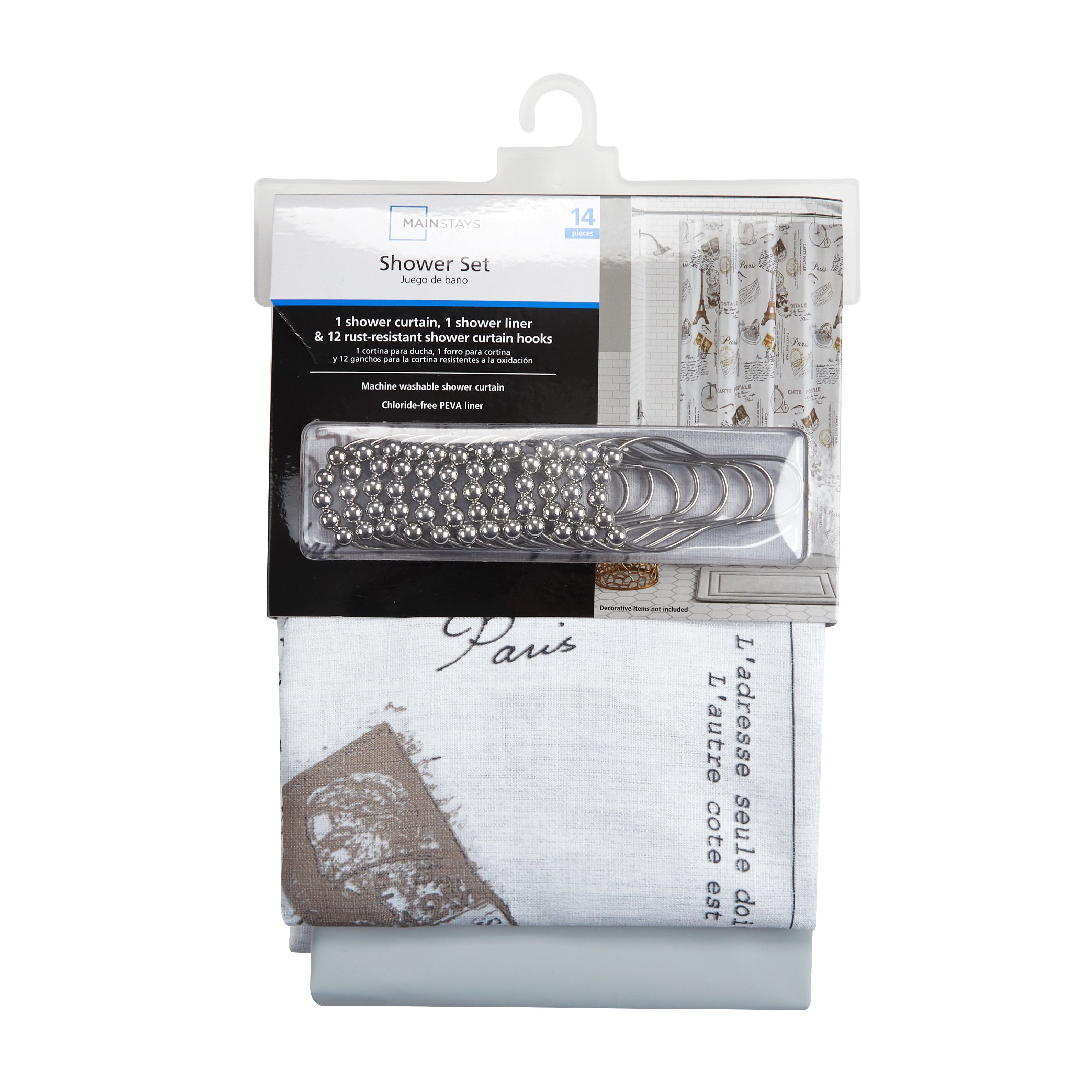 Mainstays Paris Eiffel Tower Geometric Shower Curtain Set with Hooks & Liner– 14-Piece Contemporary Gray Bathroom Decor, 70" x 72", Machine Washable