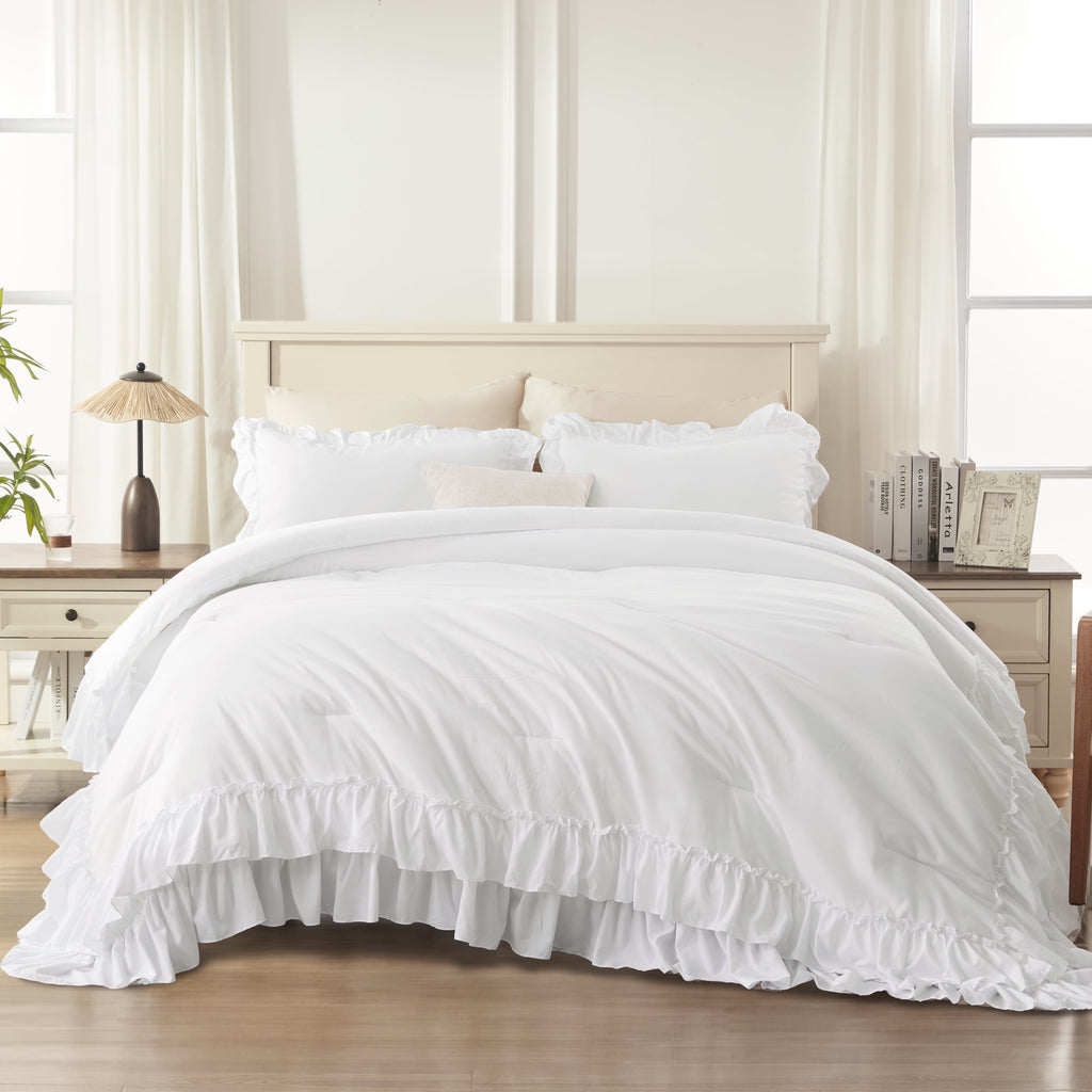 ANGENIA Queen Comforter Set White - 3 Pieces Soft Fluffy Ruffle Bedding Comforter Sets for Queen Bed, All Season Farmhouse Lightweight Microfiber Down Alternative Bed Set