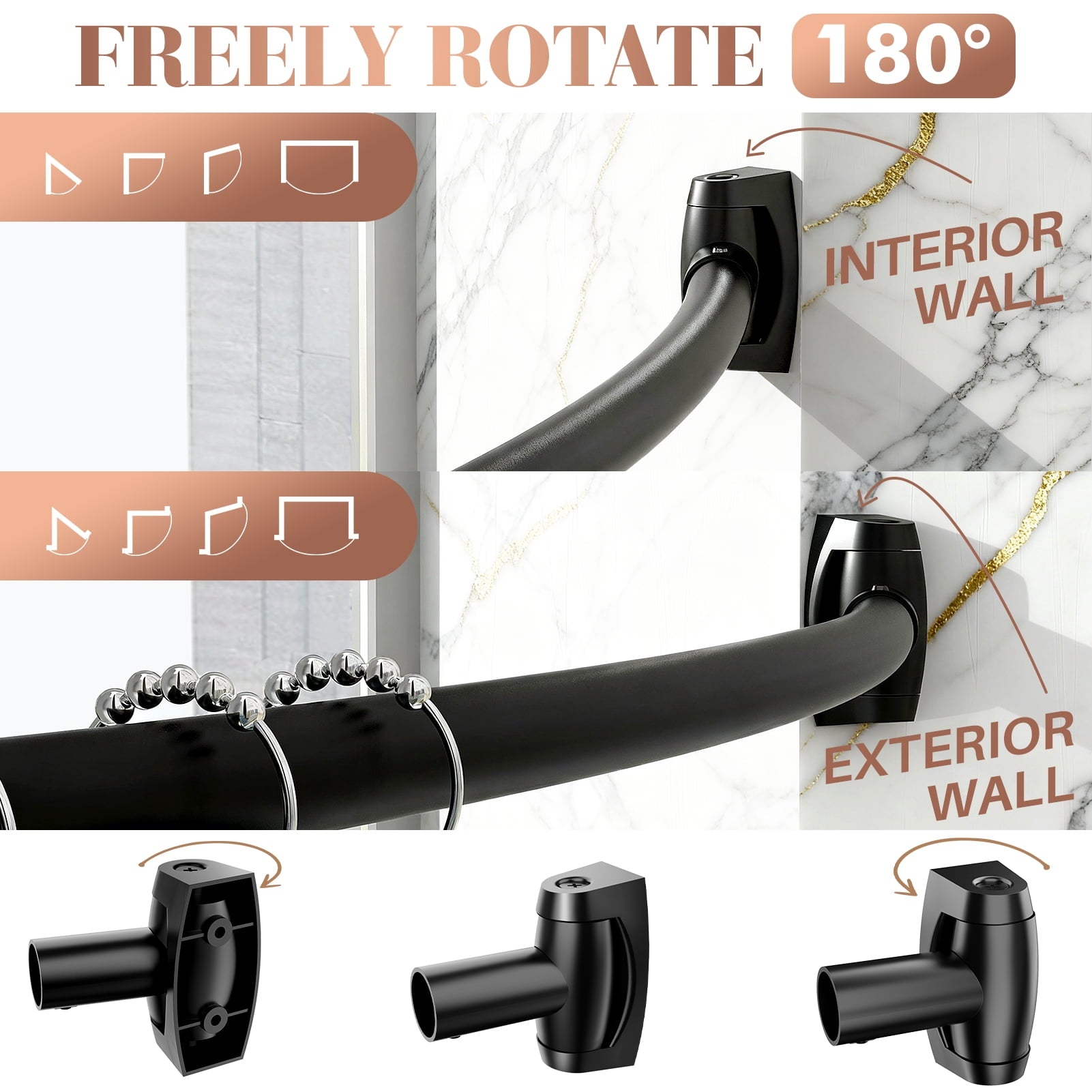 Yeabett Curved Shower Curtain Rod 43-72 Inches Adjustable, Shower Rods for Bathroom Aluminum Rustproof, Round shower curtain rod Expandable, Black