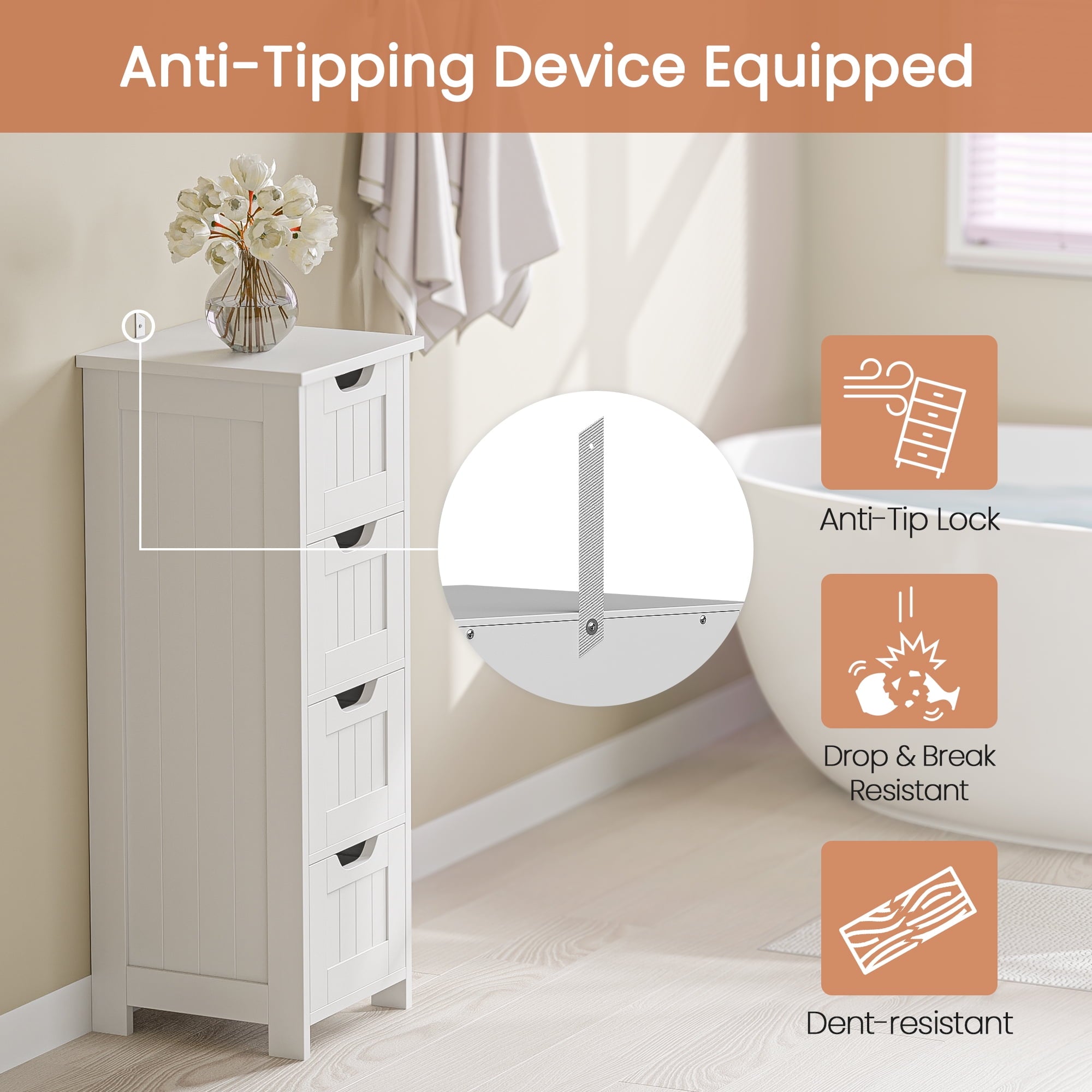 ZENY Bathroom Floor Cabinet Attractive Wooden Side Storage Organizer with 4 Drawers, White