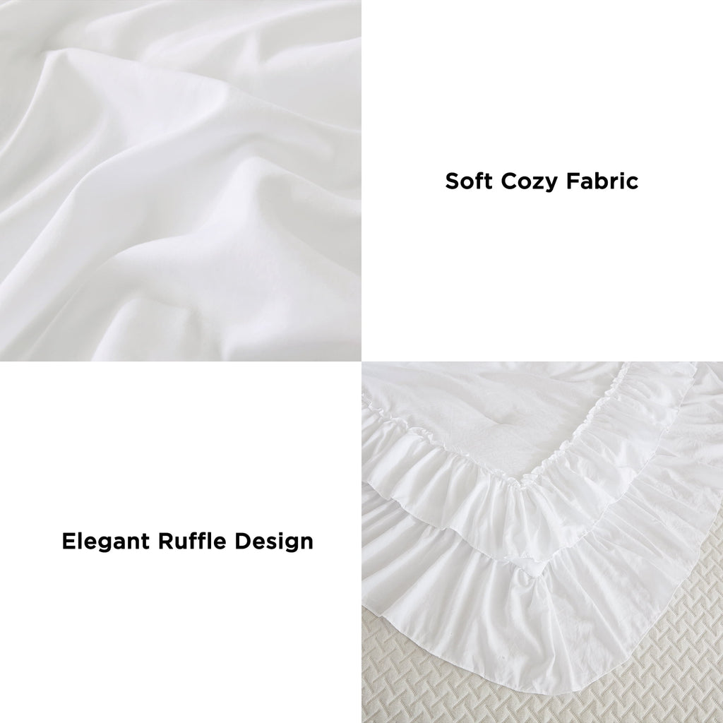ANGENIA Queen Comforter Set White - 3 Pieces Soft Fluffy Ruffle Bedding Comforter Sets for Queen Bed, All Season Farmhouse Lightweight Microfiber Down Alternative Bed Set