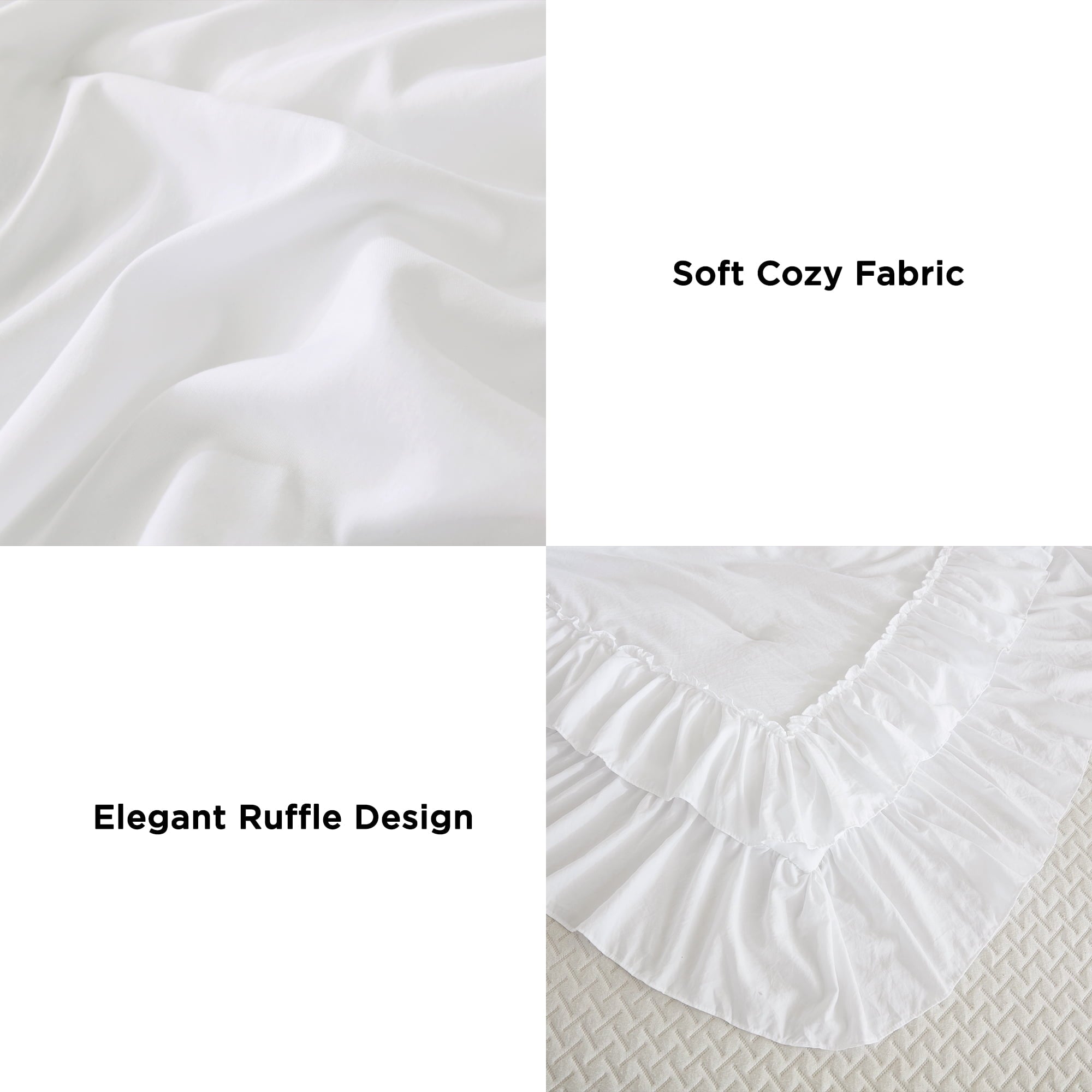 ANGENIA Queen Comforter Set White - 3 Pieces Soft Fluffy Ruffle Bedding Comforter Sets for Queen Bed, All Season Farmhouse Lightweight Microfiber Down Alternative Bed Set