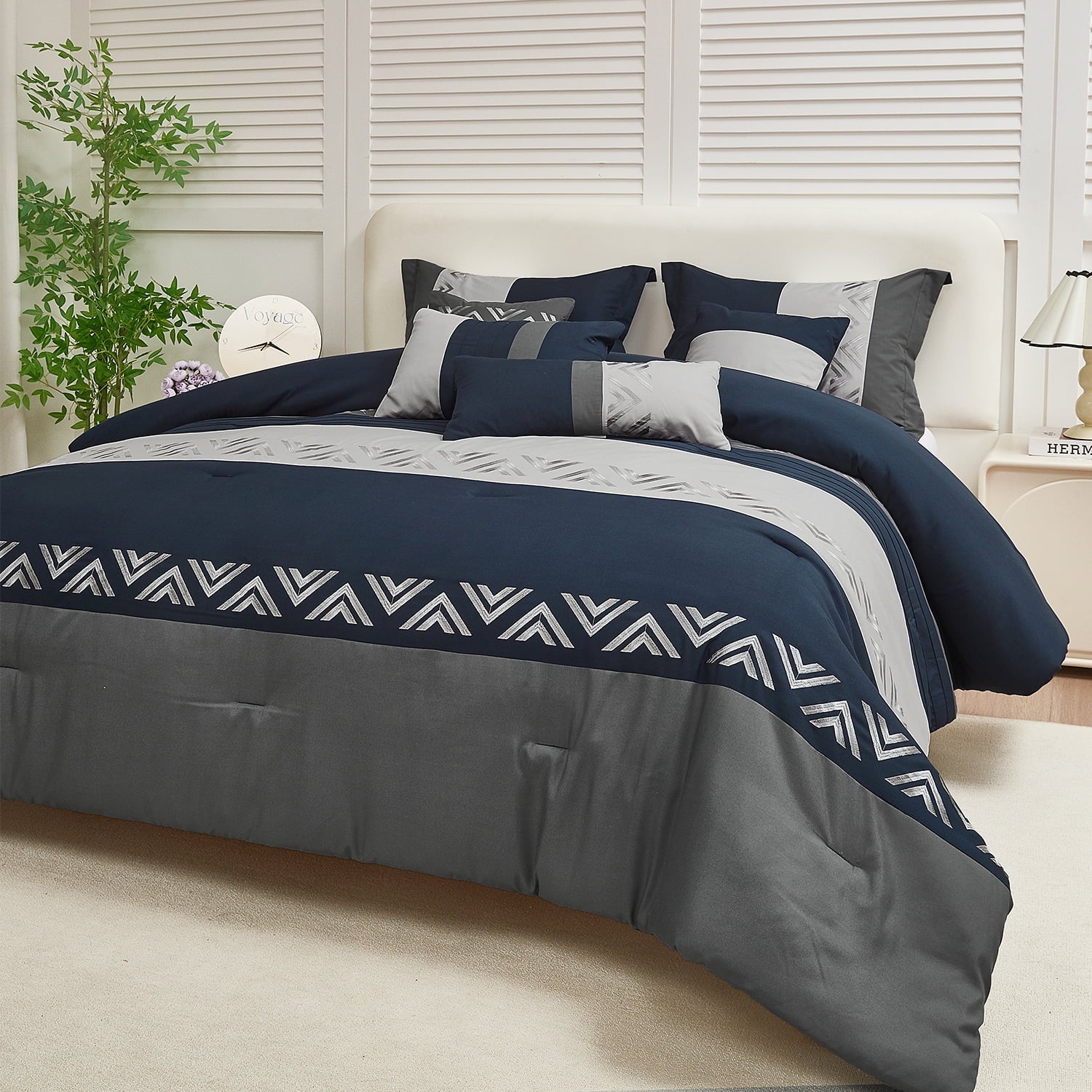 HIG 7 Piece Embroidery Design Bed-in-a-Bag, Navy Queen Size Ultra Soft Comforter Set for Adults