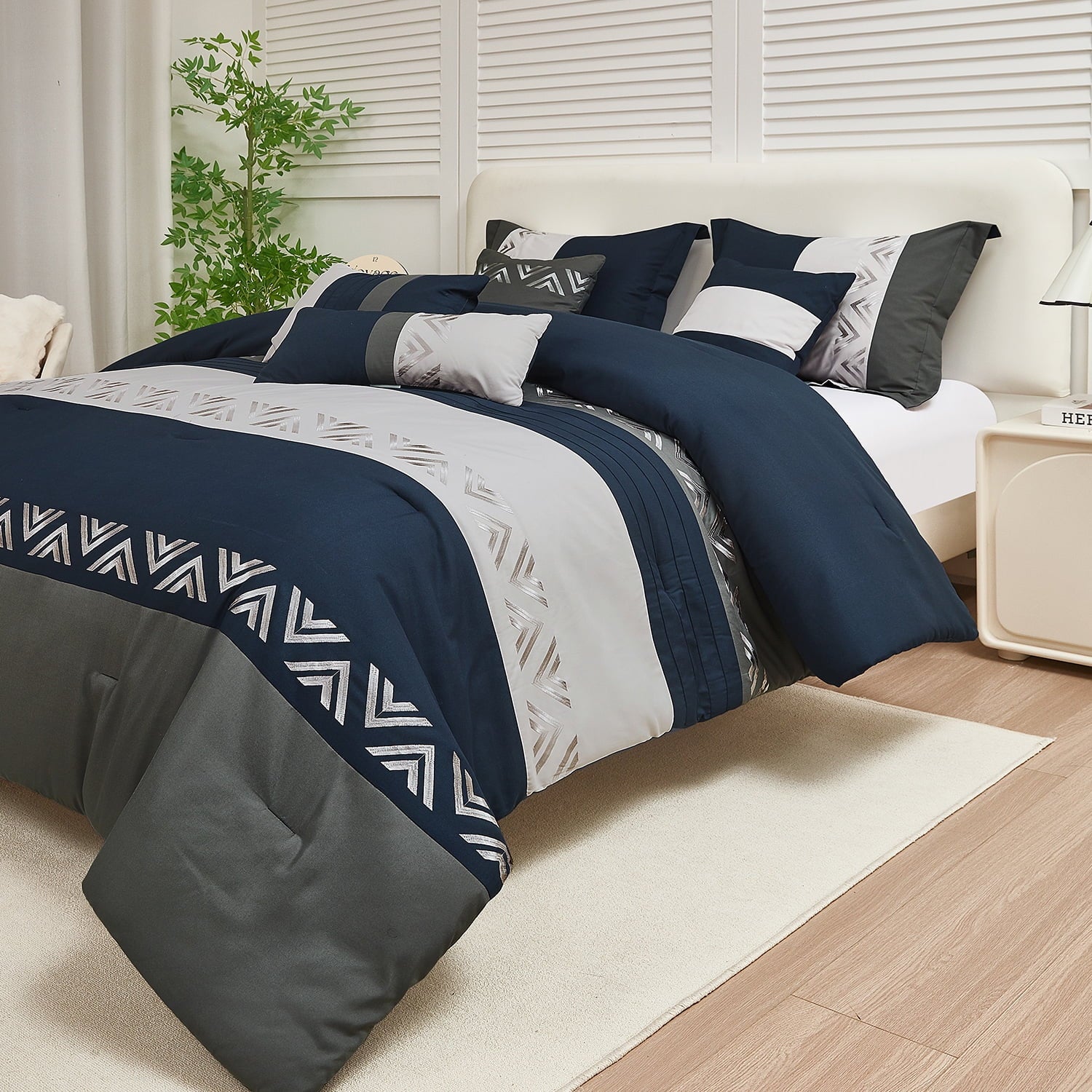 HIG 7 Piece Embroidery Design Bed-in-a-Bag, Navy Queen Size Ultra Soft Comforter Set for Adults